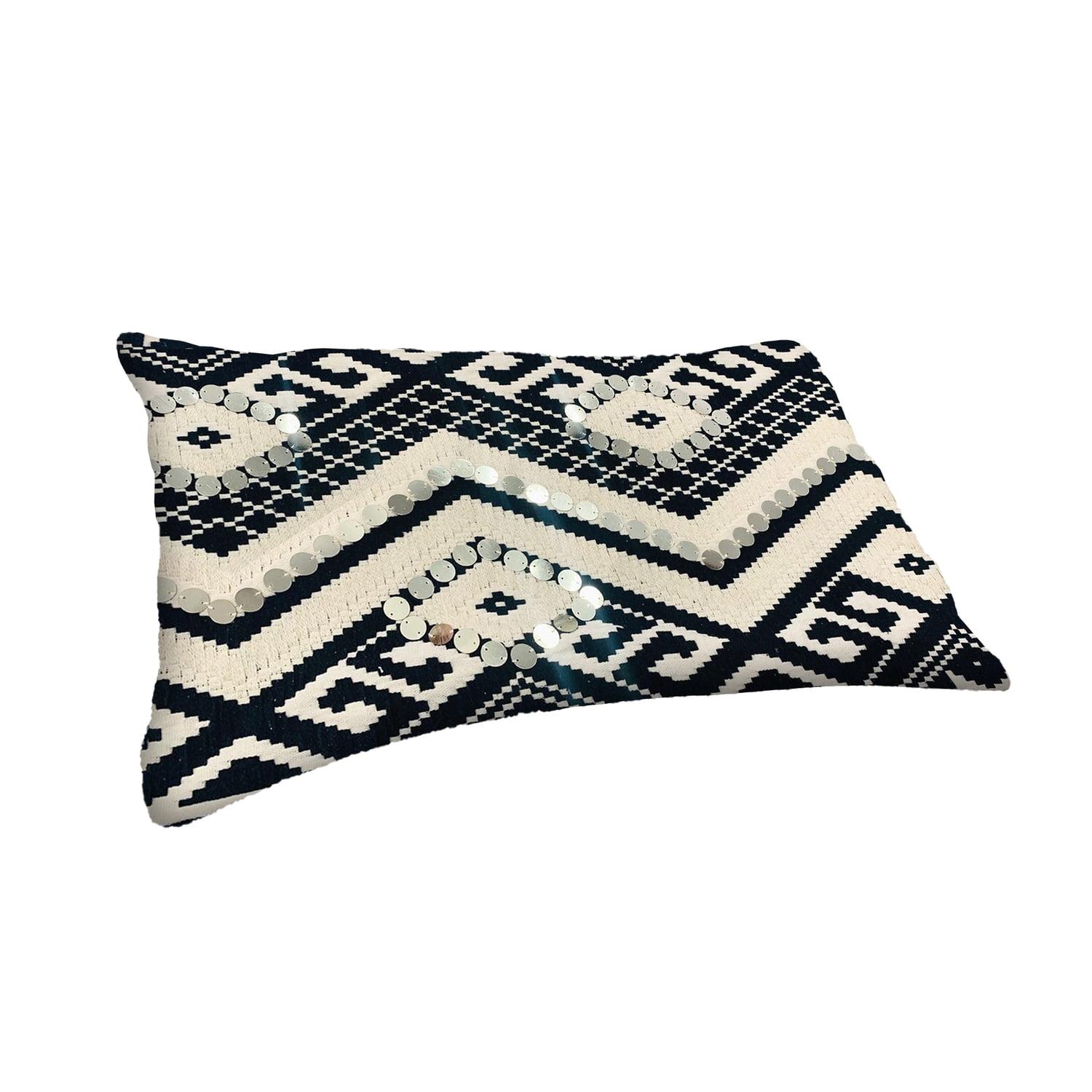 12 x 20 Rectangular Cotton Accent Lumbar Pillow, Classic Aztec Pattern, White, Black, Saltoro Sherpi