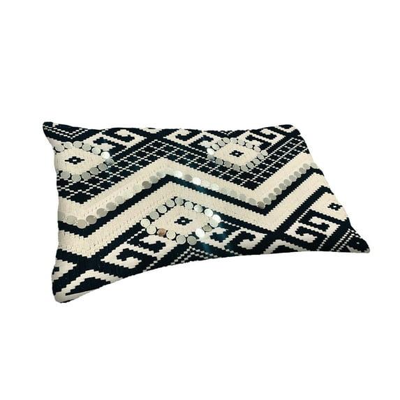 12 x 20 Rectangular Cotton Accent Lumbar Pillow, Classic Aztec Pattern, White, Black, Saltoro Sherpi