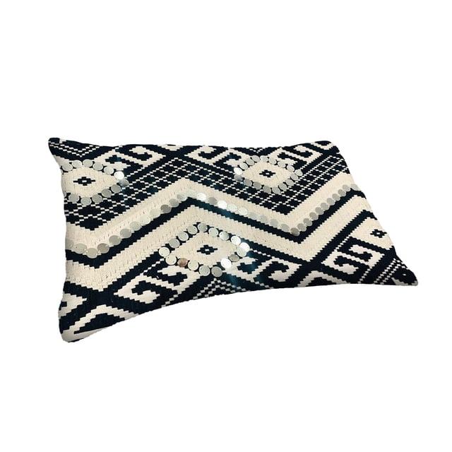 12 x 20 Rectangular Cotton Accent Lumbar Pillow, Classic Aztec Pattern, White, Black, Saltoro Sherpi