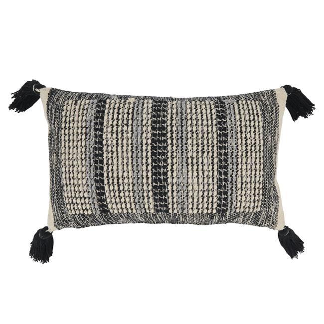 Black and Beige Rectangular Cotton Throw Pillow with Tassels