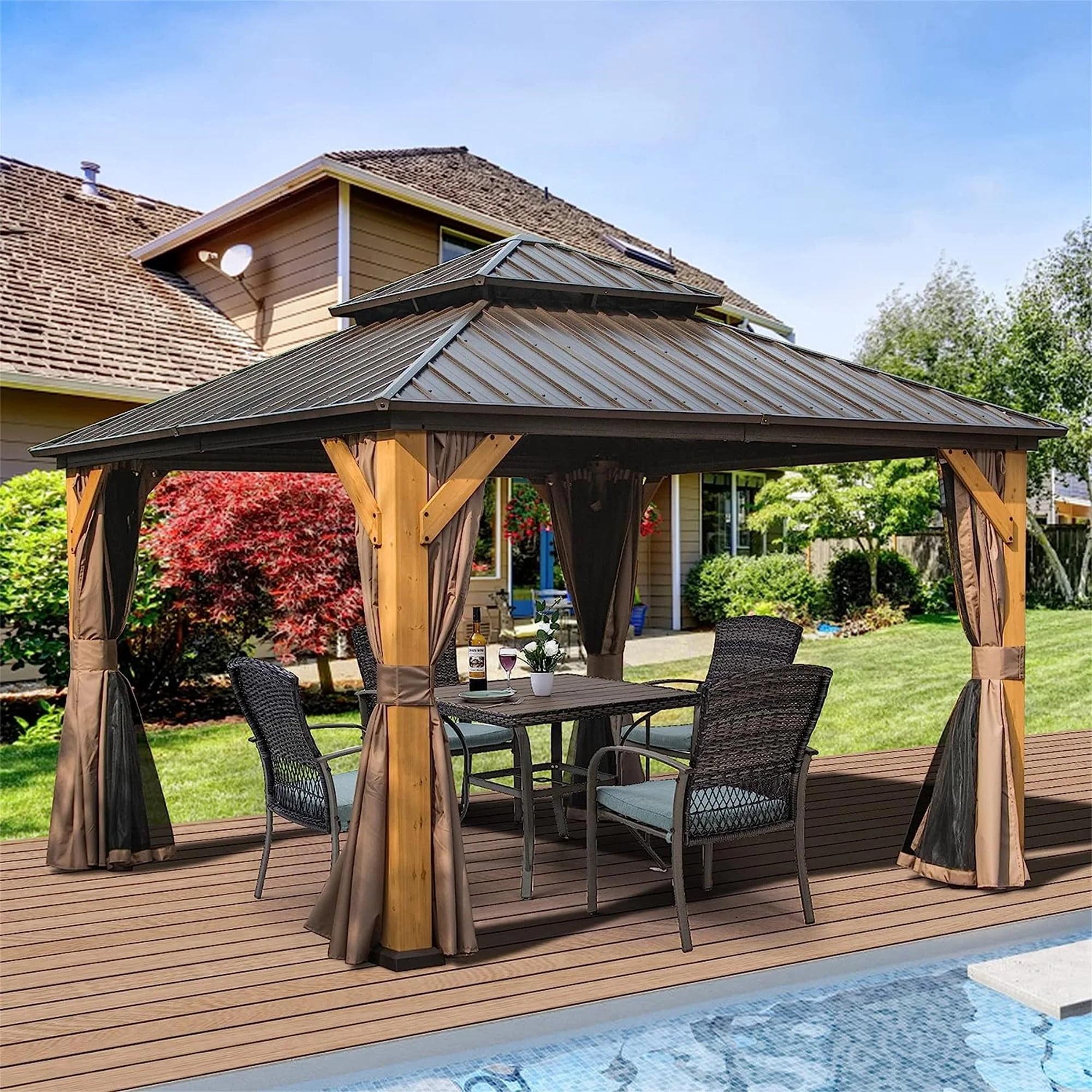 12'x12' Brown Cedar Wood Frame Gazebo with Galvanized Steel Roof and Curtains