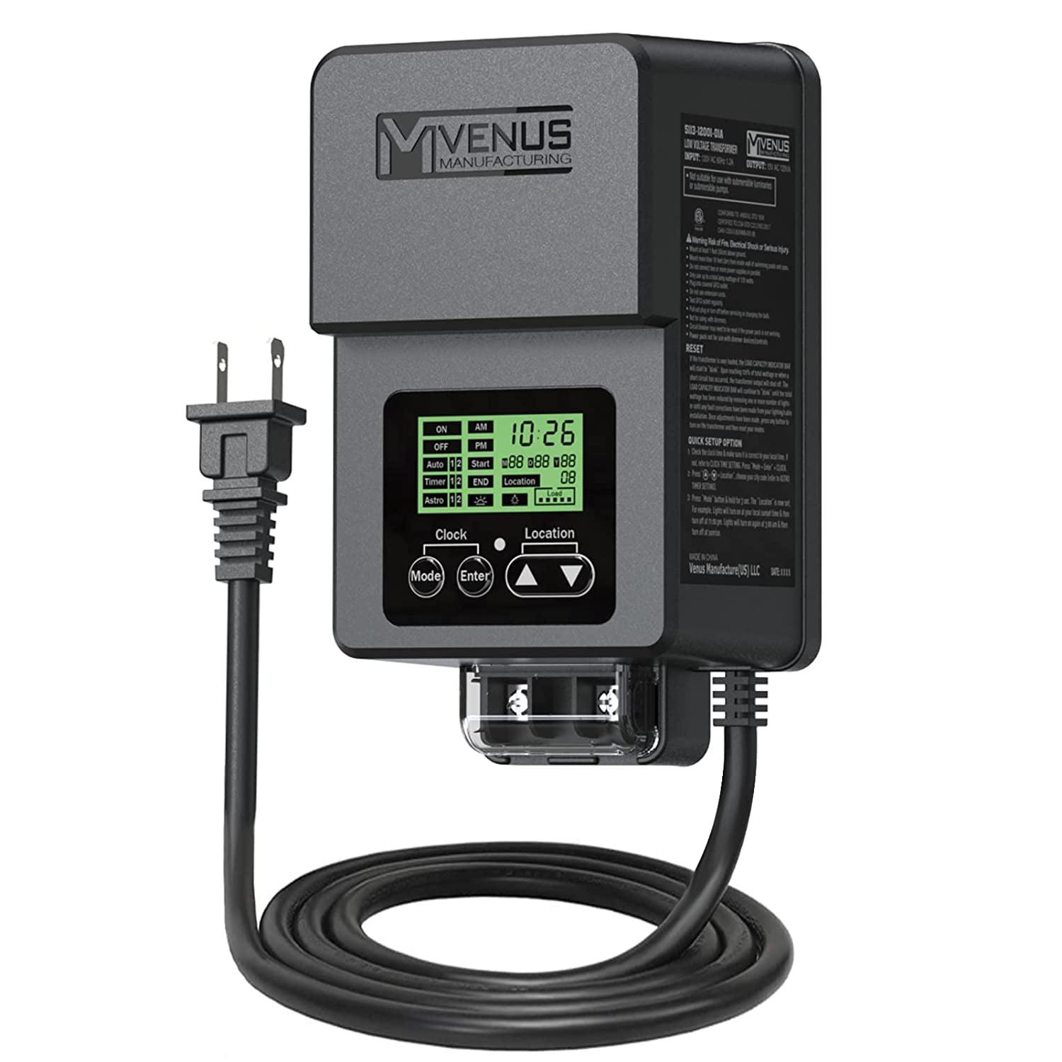 120W Outdoor Low Voltage Transformer with Timer and Photo Sensor, 120V AC to 15V AC Power Supply, Suitable for 12-15V Exterior Garden Landscape Lighting with ETL Listed