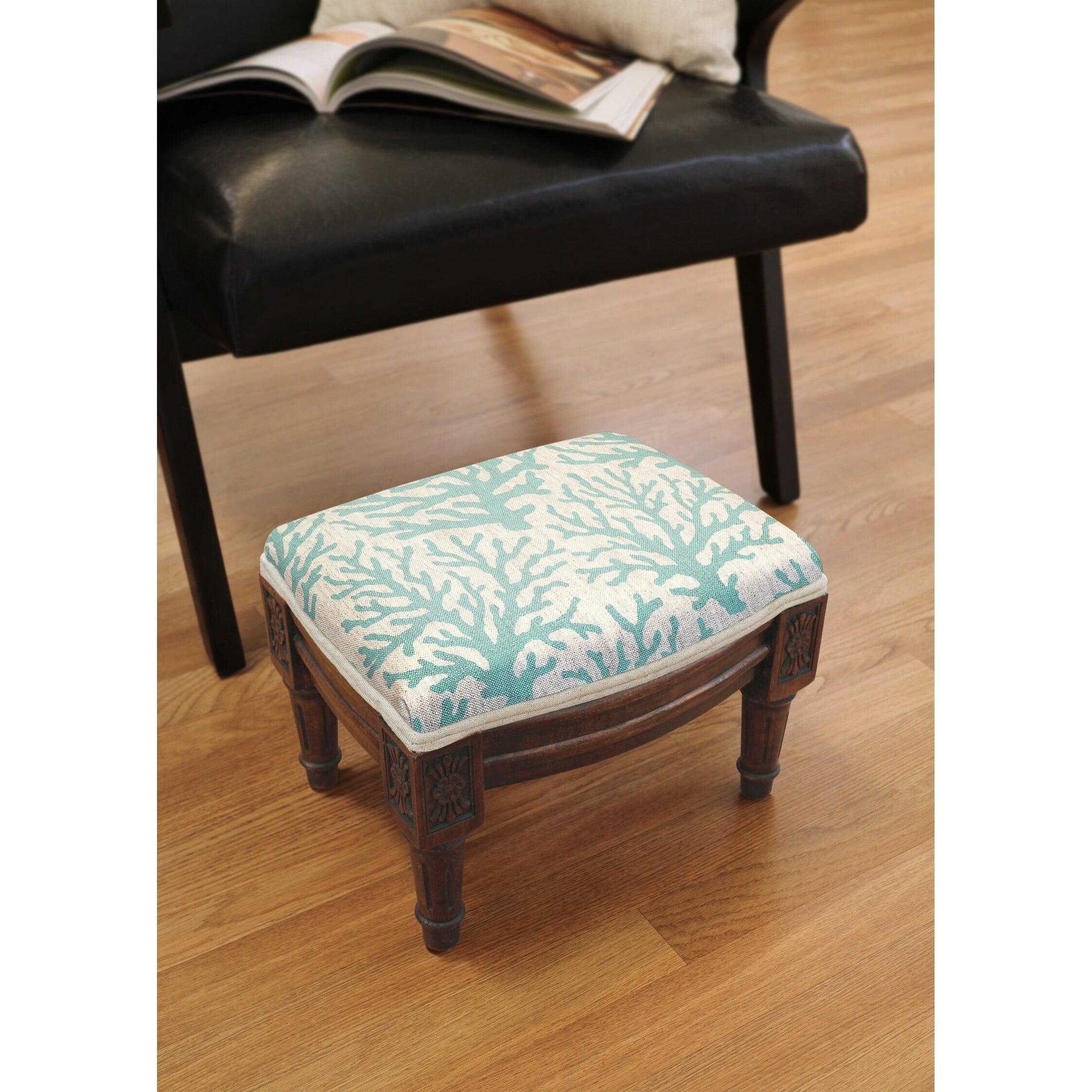 Small Aqua Coral Motif Footstool with Carved Wood Legs