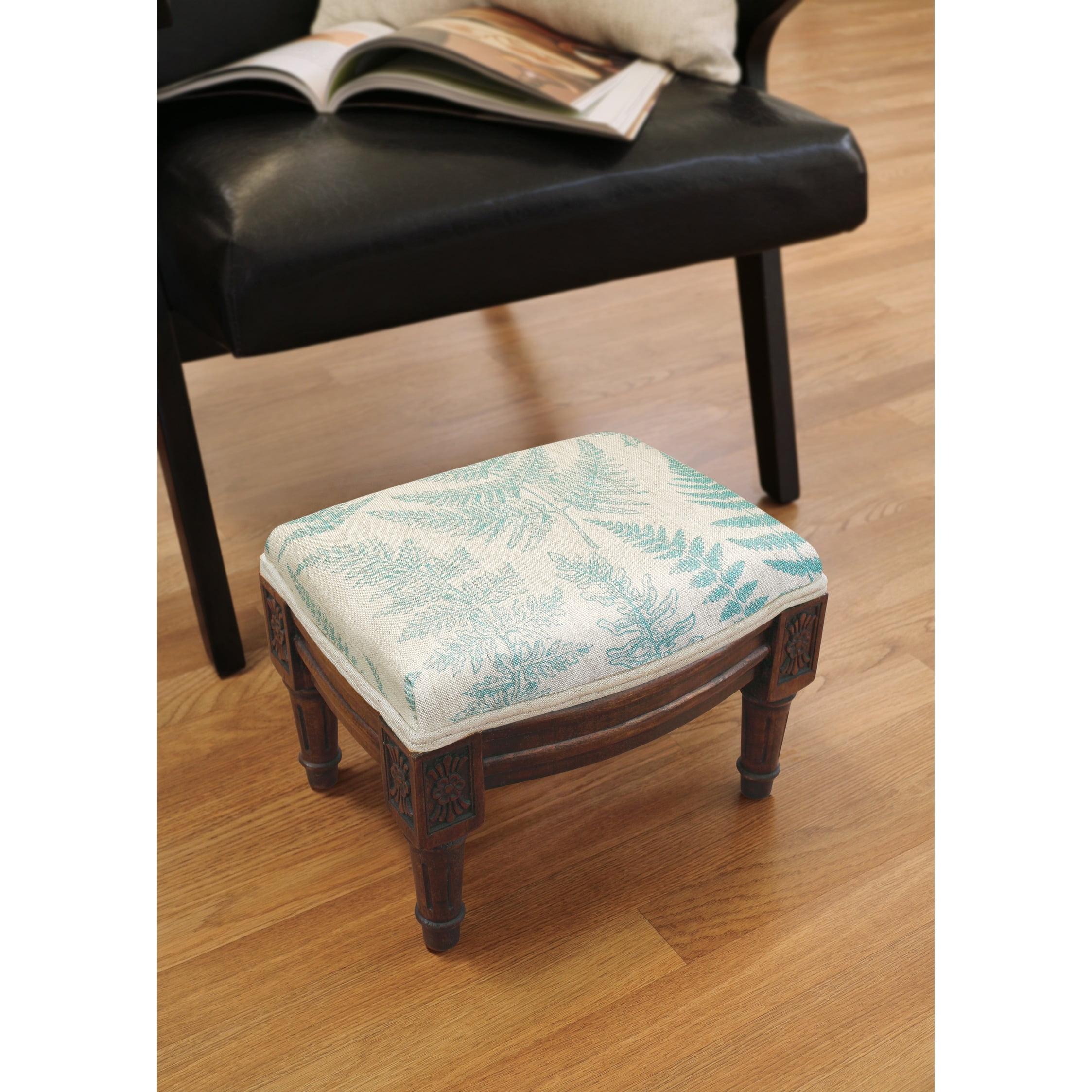 Aqua Fern Linen Upholstered Wooden Footstool