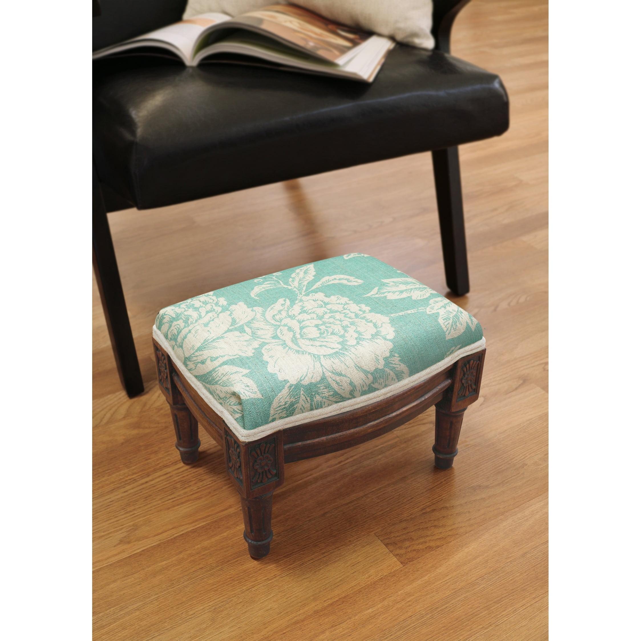 Aqua Peony Linen Upholstered Wooden Footstool