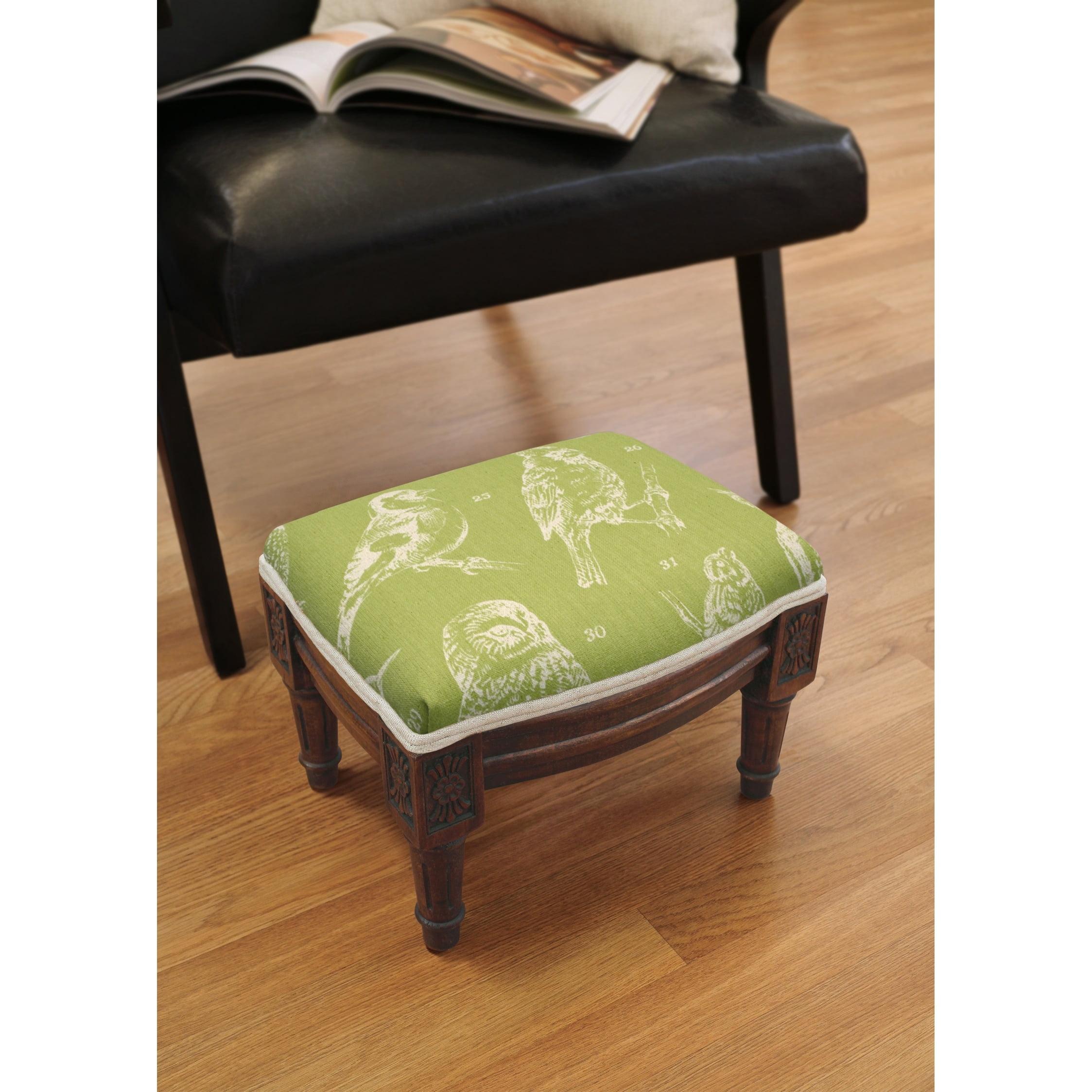 Chartreuse Green Bird Print Wood Upholstered Footstool