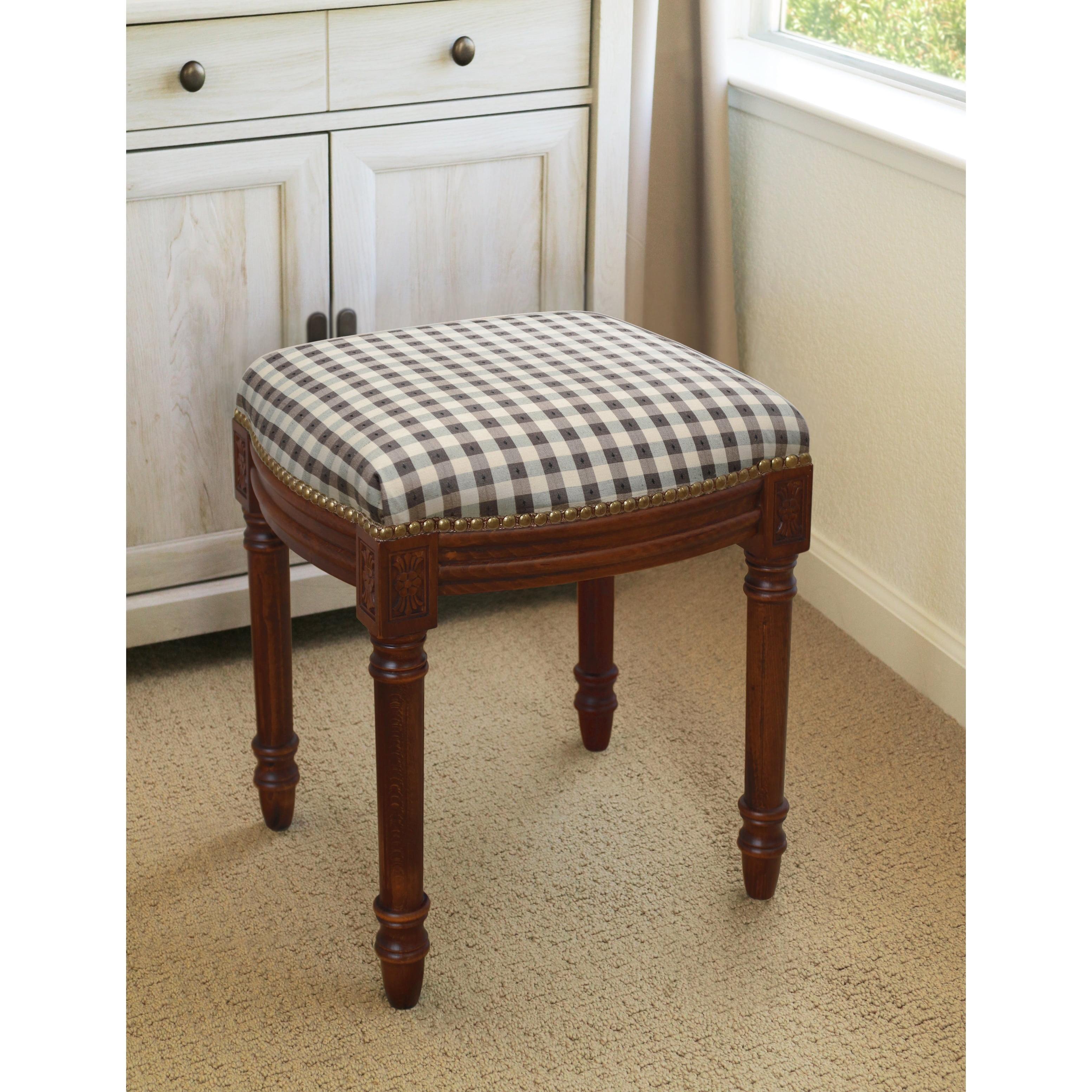 Black Gingham Upholstered Vanity Stool with Brass Nailhead Trim