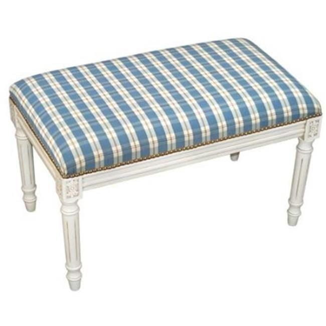 Blue and White Plaid Upholstered Bench with Turned Legs