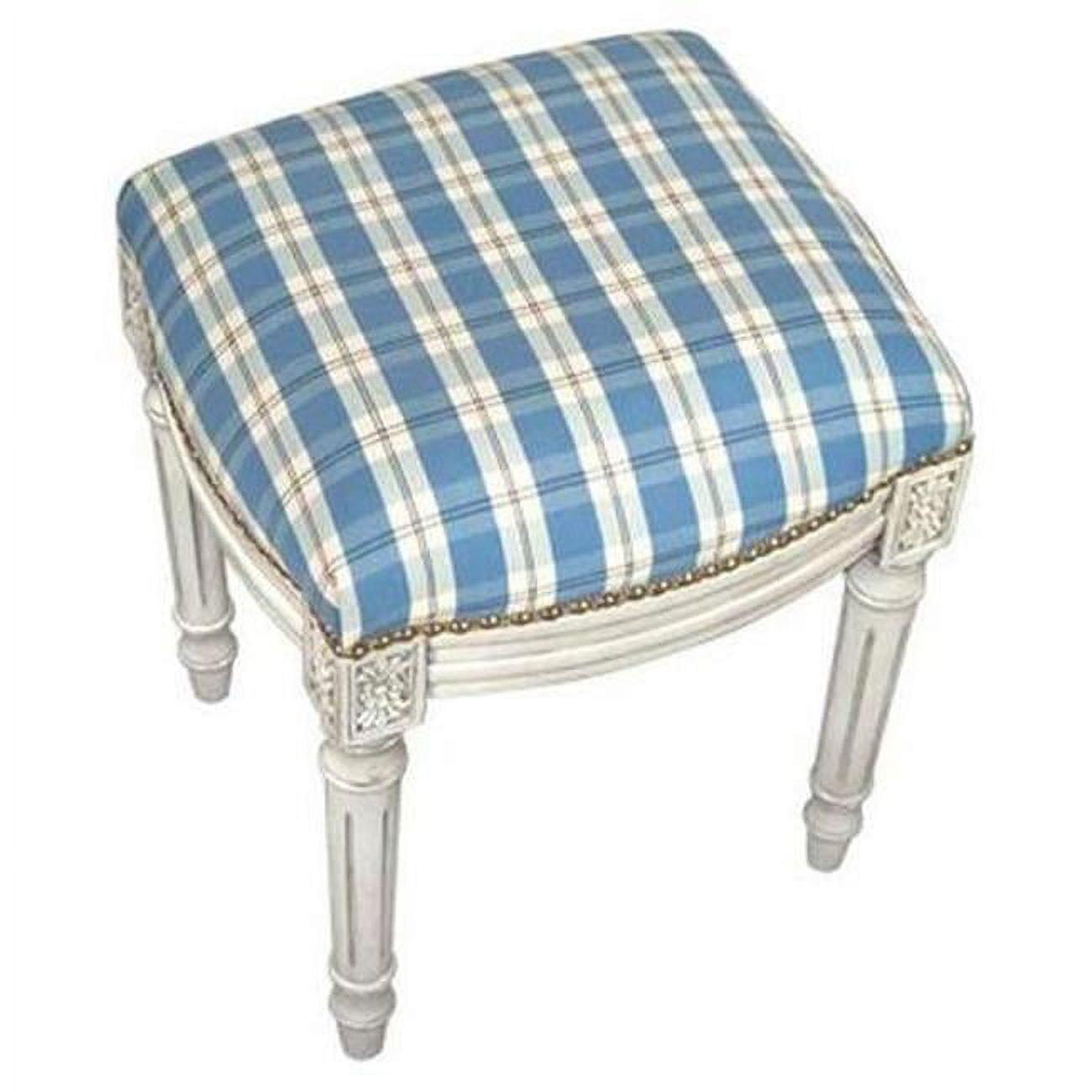 Blue Plaid Fabric Upholstered Stool with Whitewash Hardwood Frame