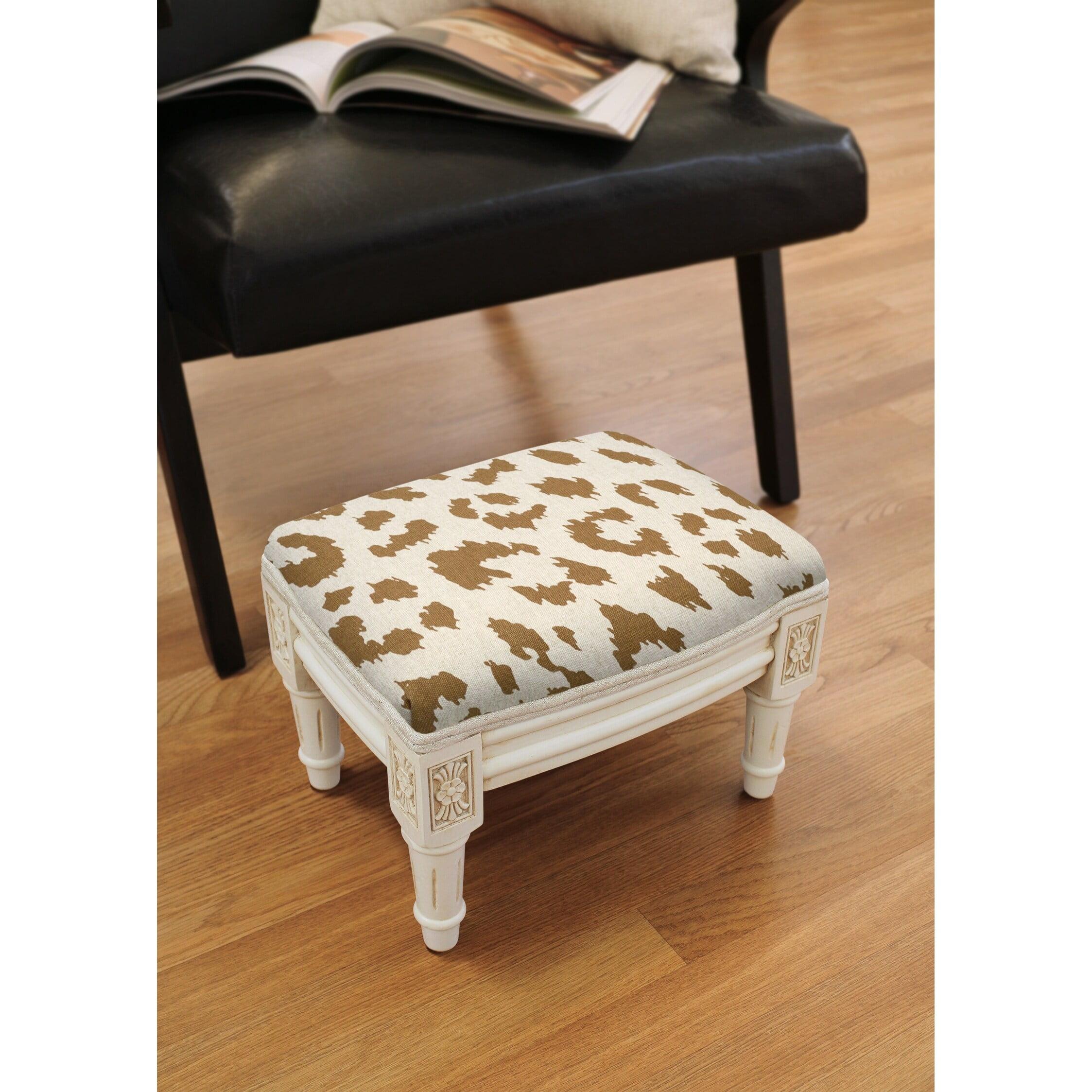 Small Caramel Cheetah Print Linen Footstool with Carved Wood