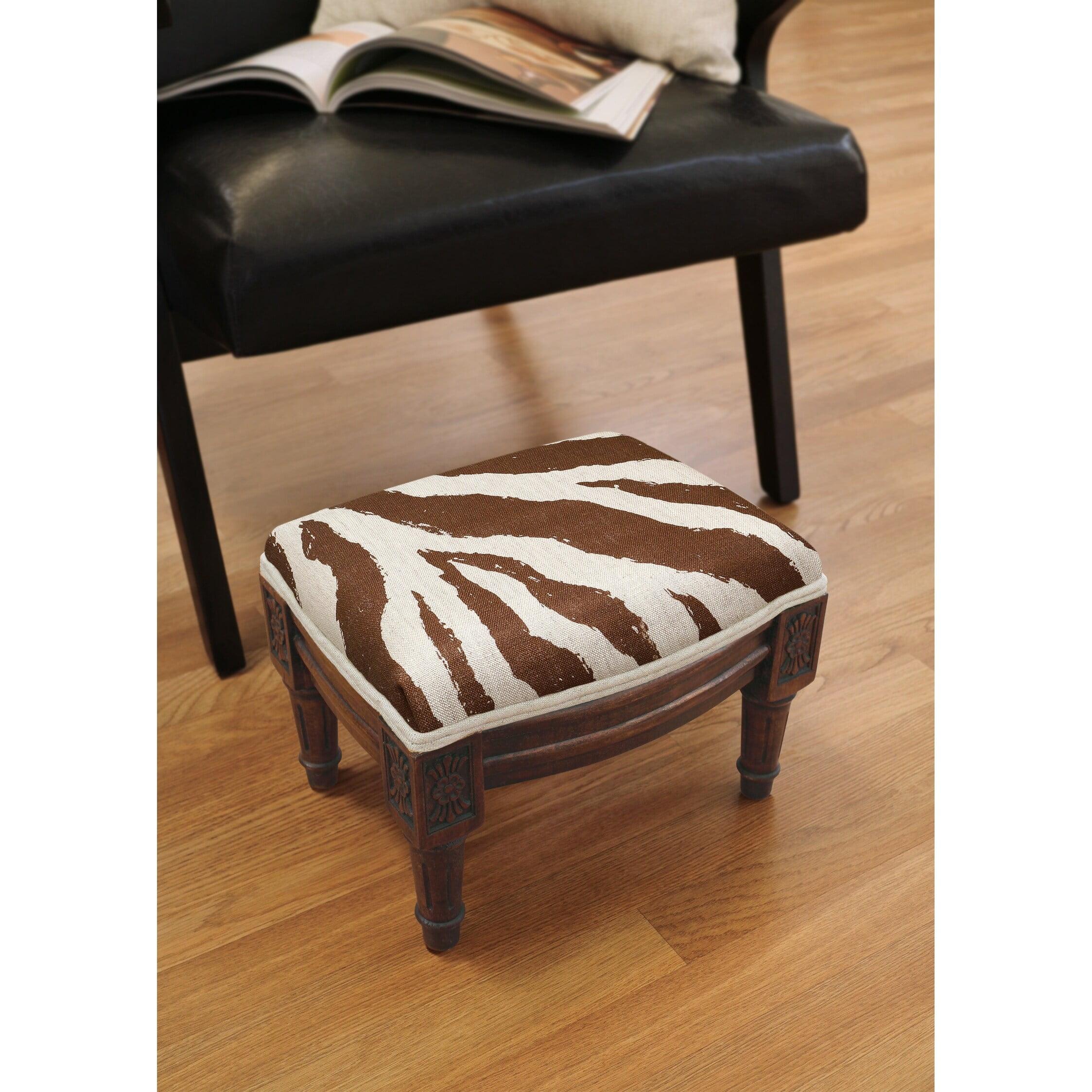 Small Brown Zebra Print Linen Footstool with Wood Finish