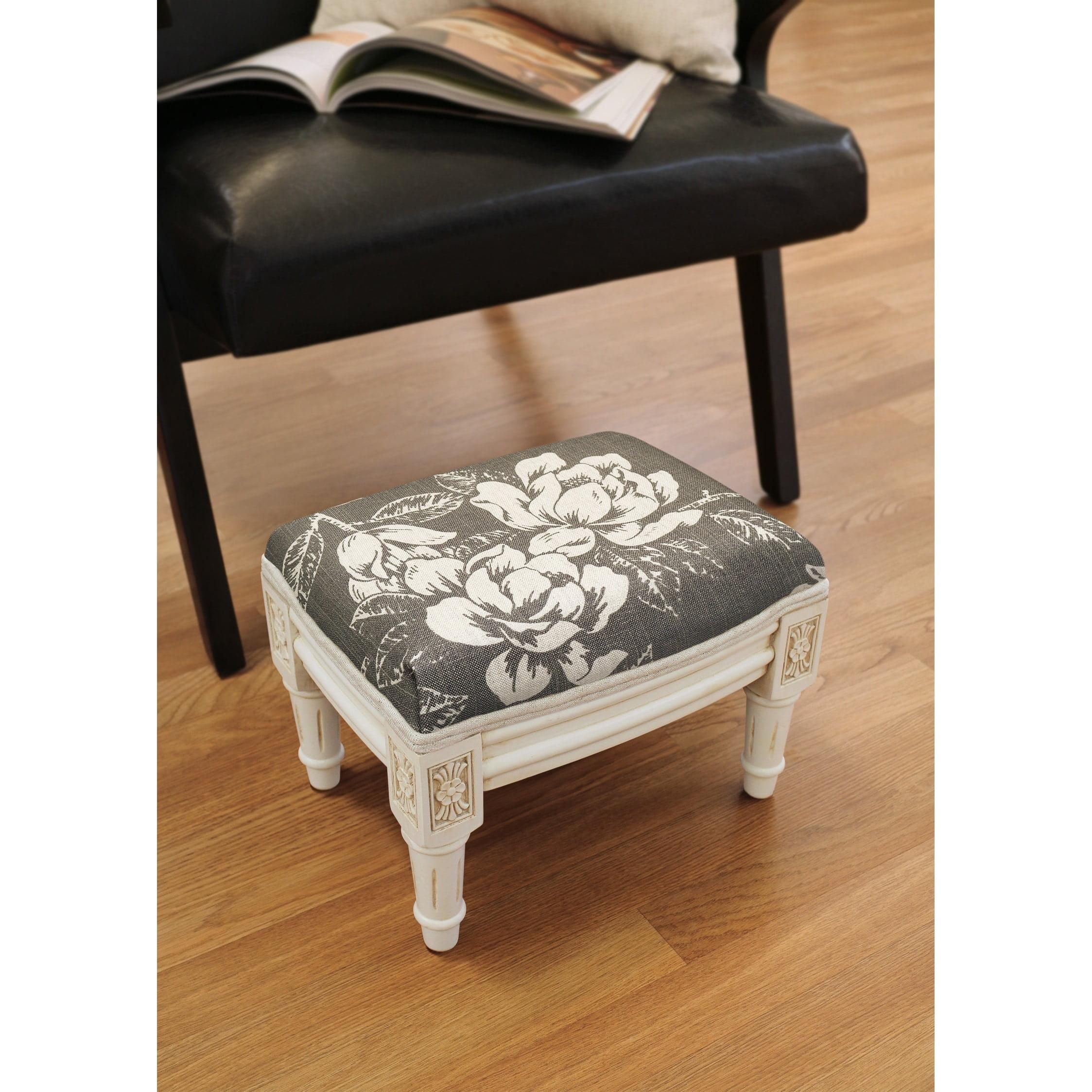 Small Grey Magnolia Linen Footstool with Antique White Finish