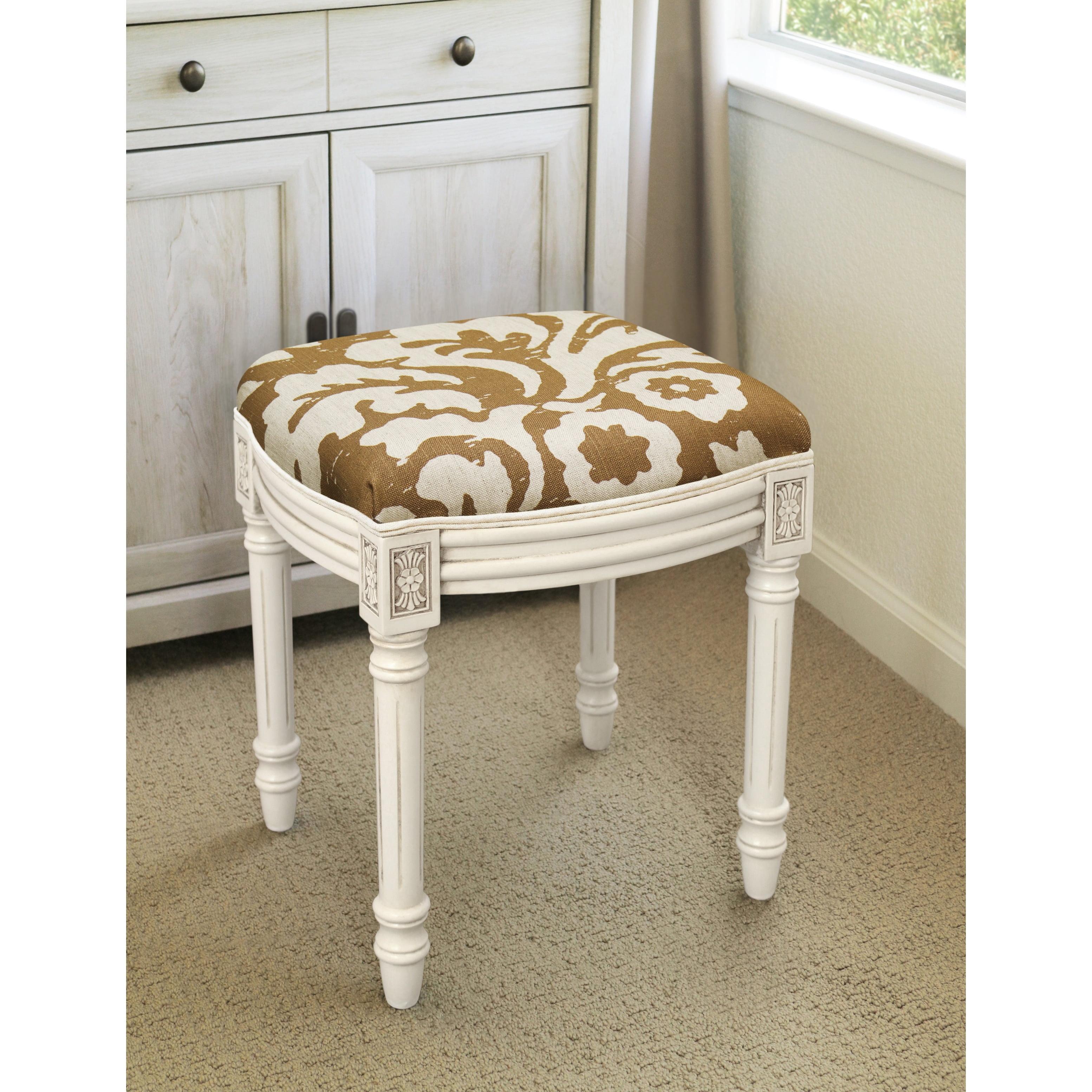 Antique White Floral Linen and Wood Vanity Stool