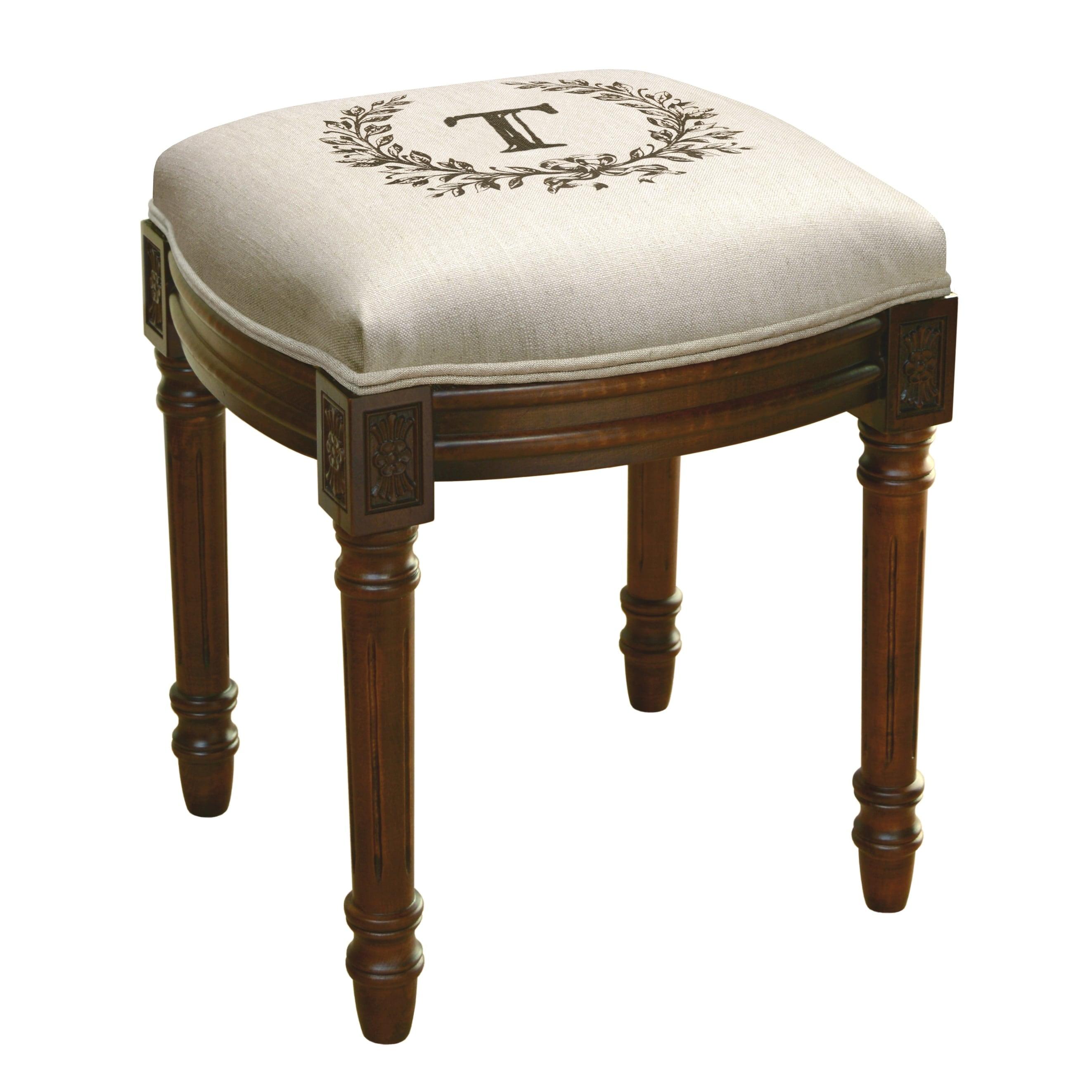 Chestnut Victorian Linen and Wood Vanity Stool