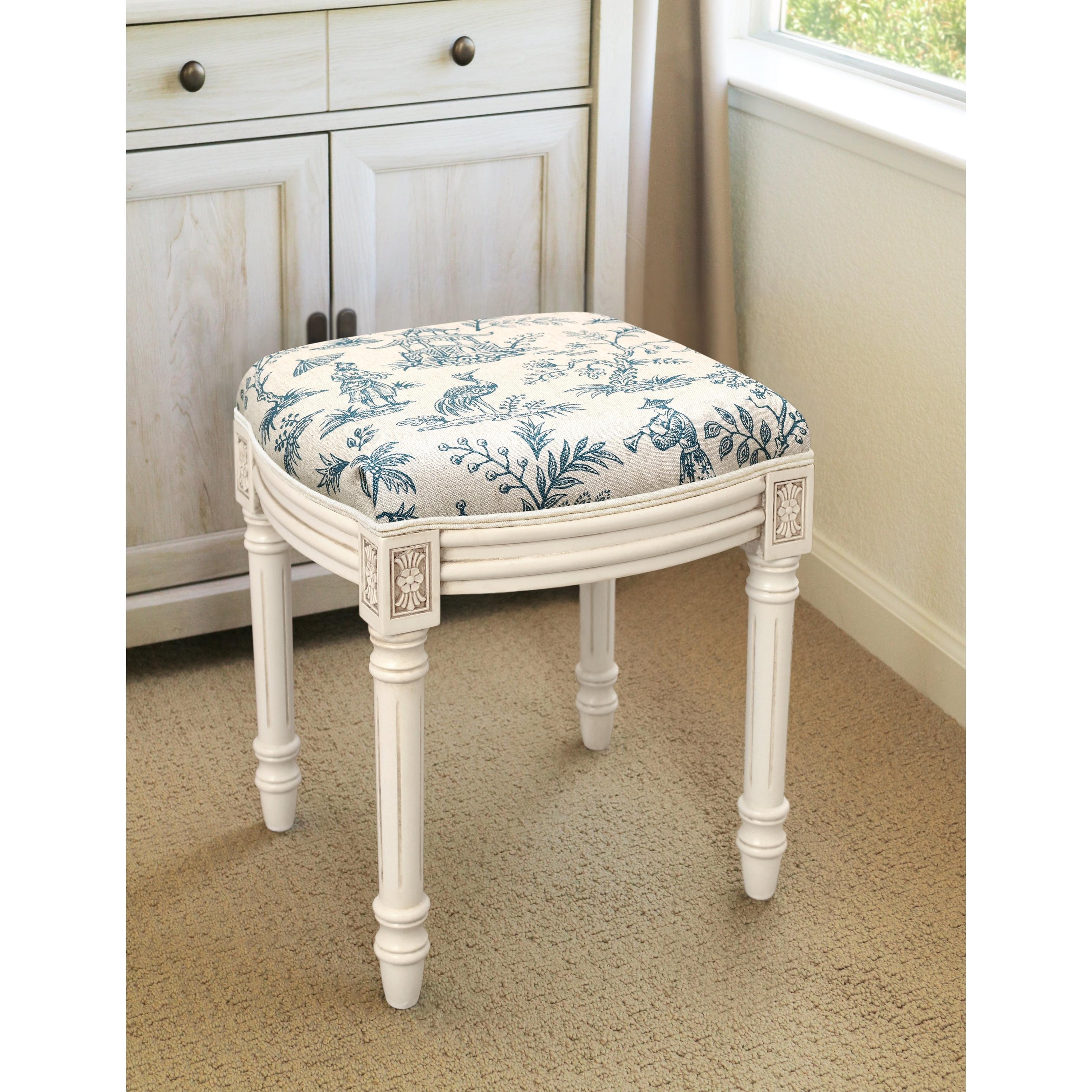 Navy Blue Fern Upholstered Vanity Stool with Antique White Finish