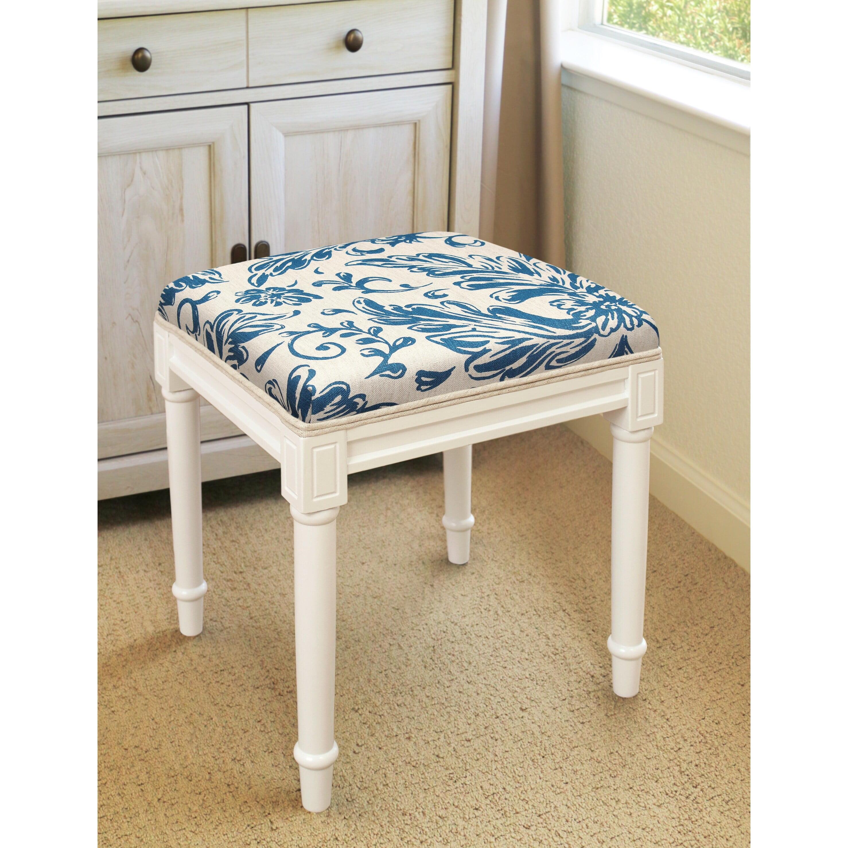 Navy Blue Floral Linen Upholstered White Vanity Stool