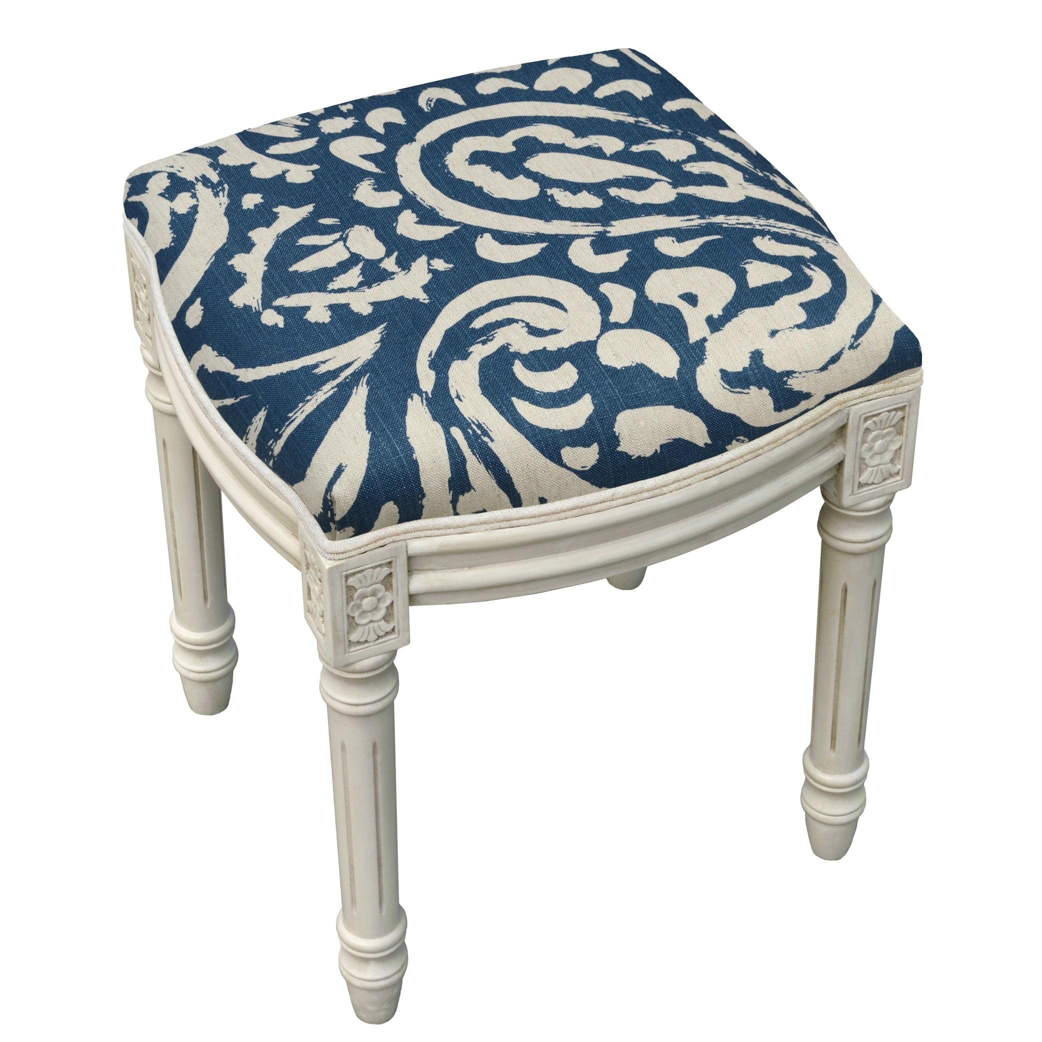 Paisley Blue and White Linen Antique Vanity Stool