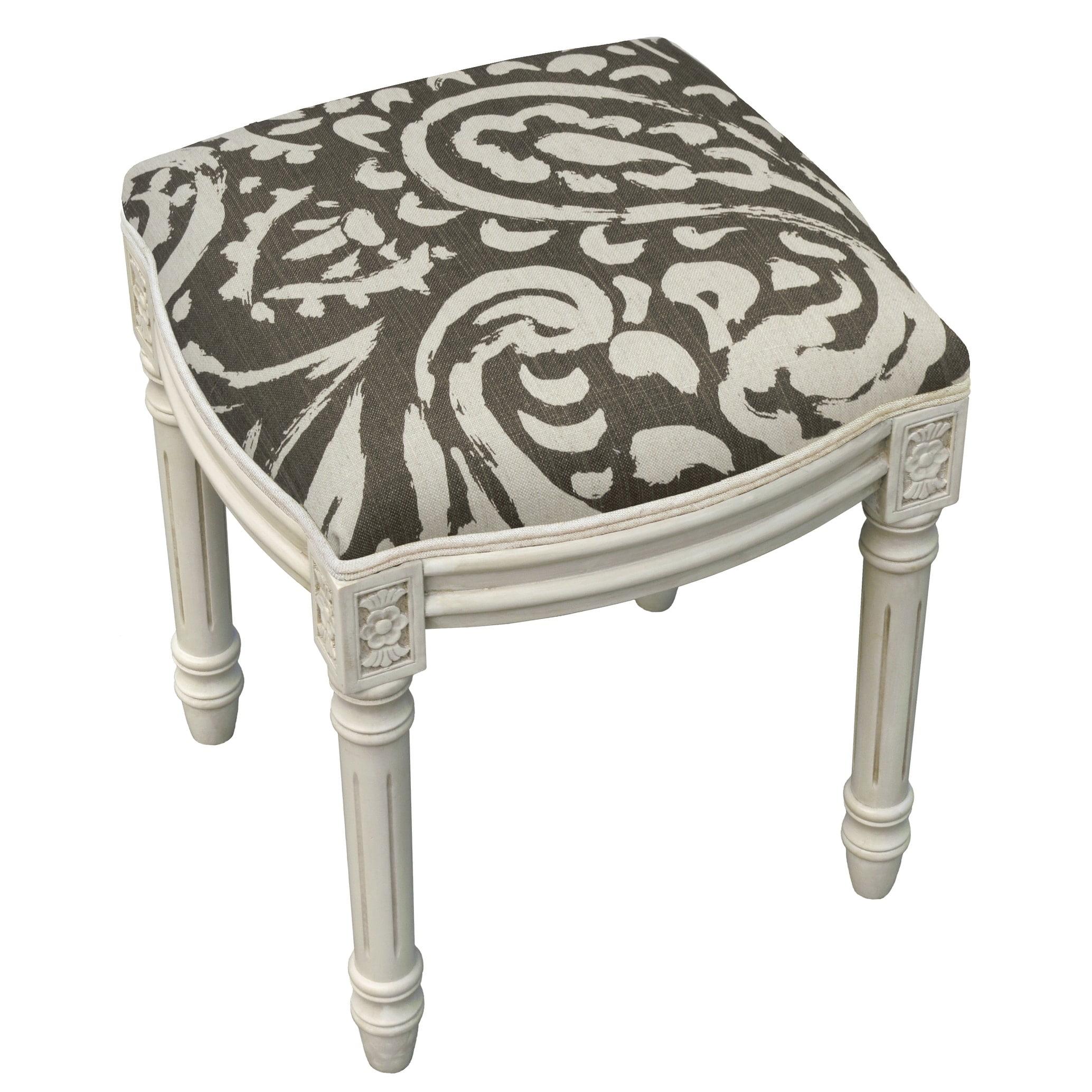 Paisley Antique White and Gray Linen Vanity Stool