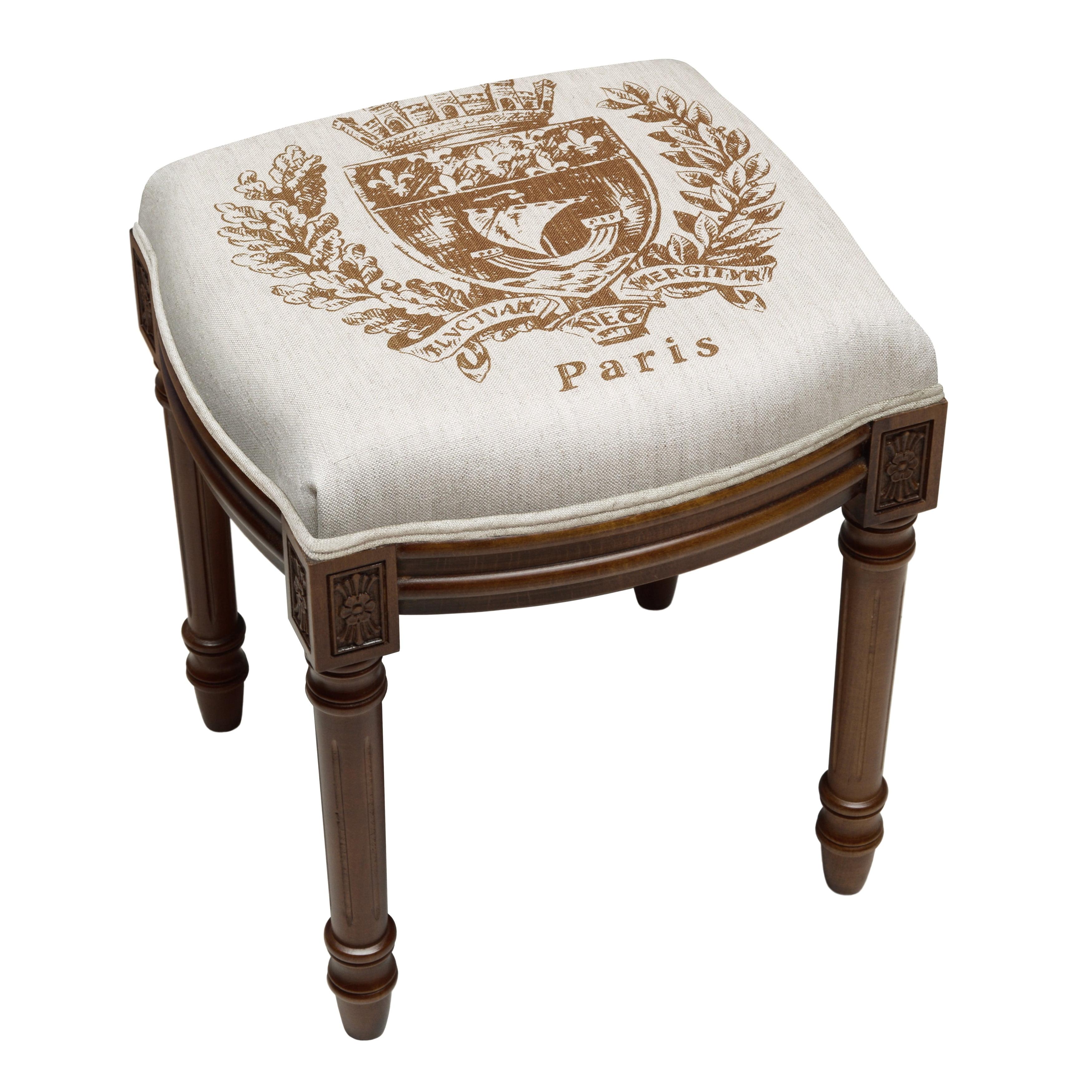 Paris Crest Chestnut Brown Wood and Linen Vanity Stool