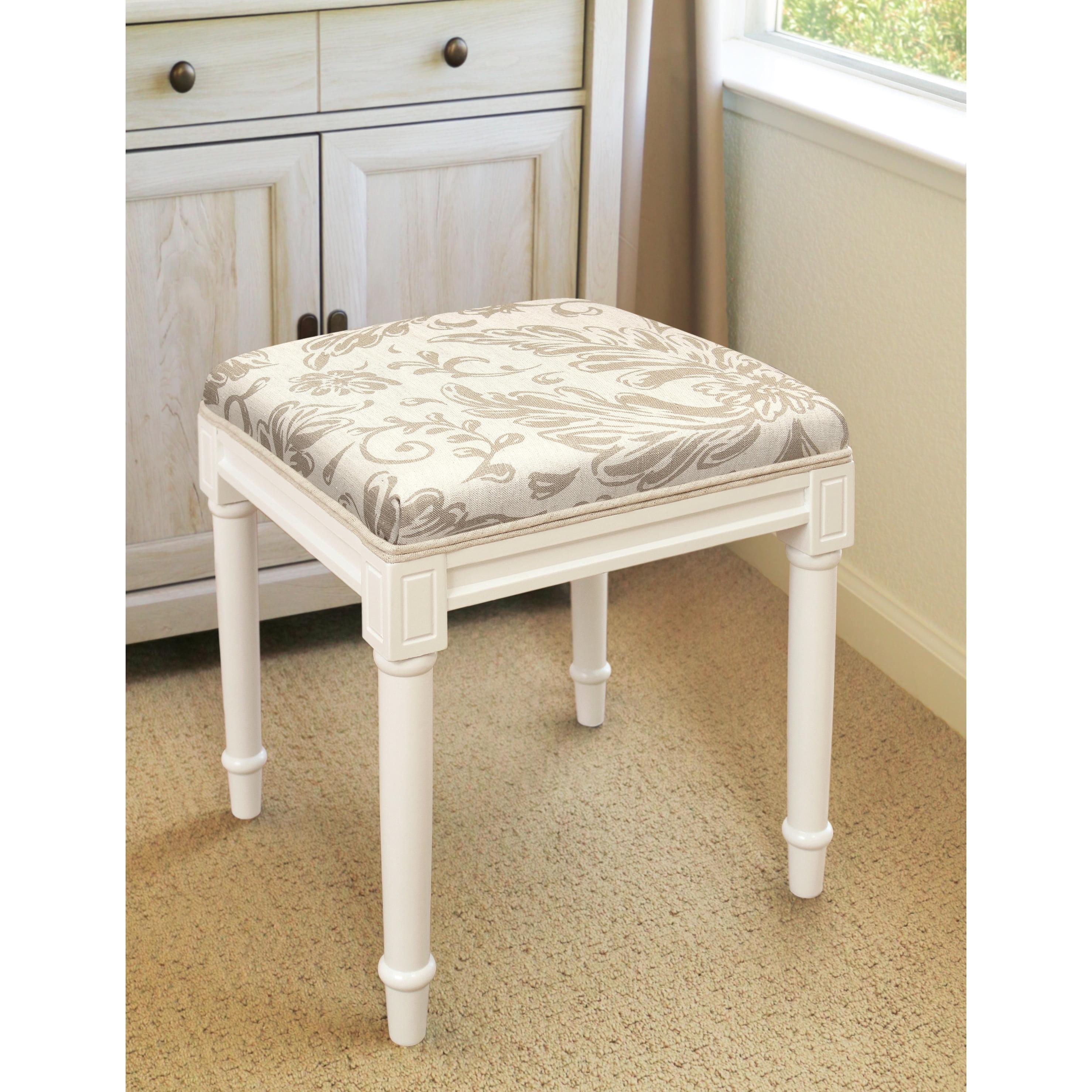 Taupe Floral Linen Upholstered White Wood Vanity Stool