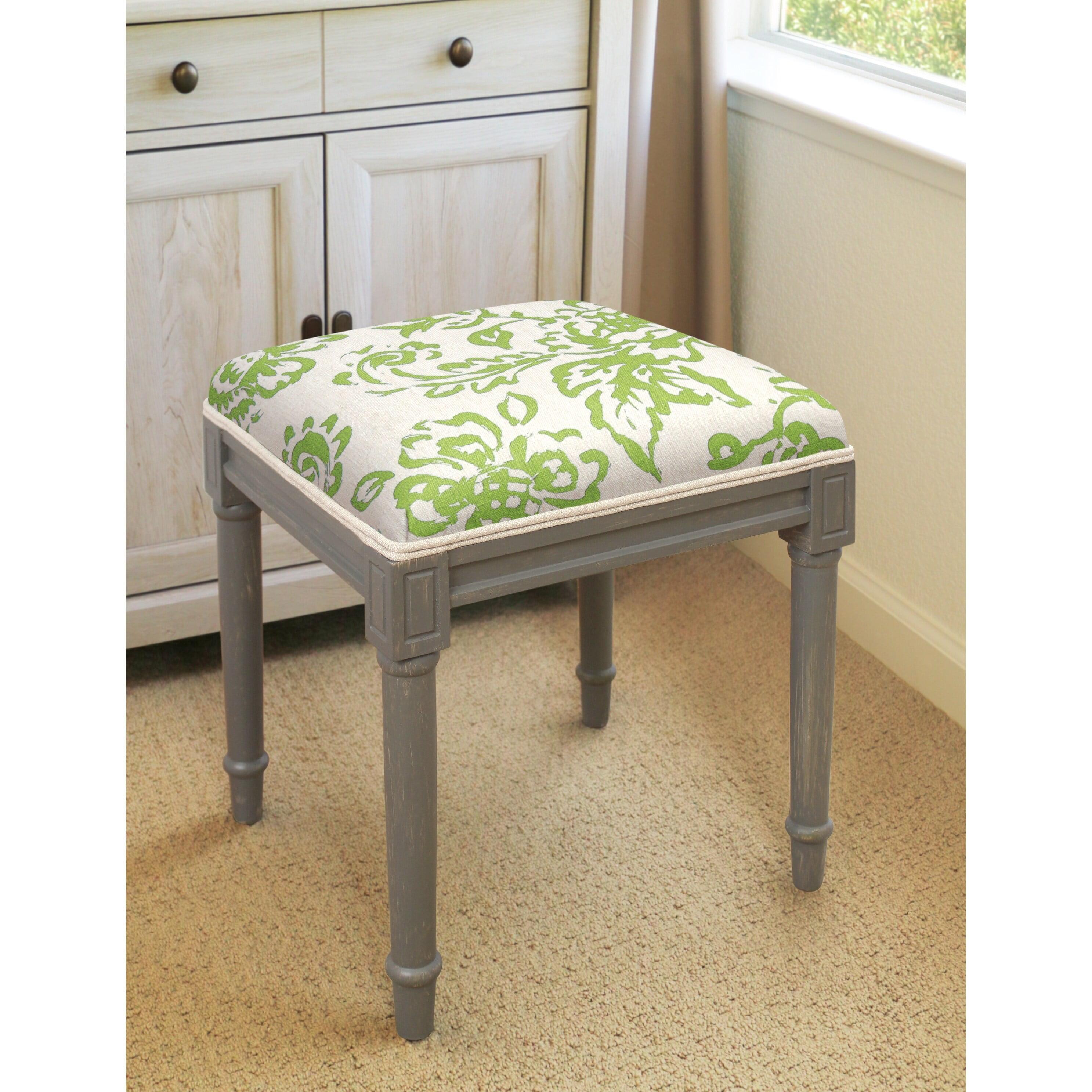 Green and Grey Floral Upholstered Wood Vanity Stool