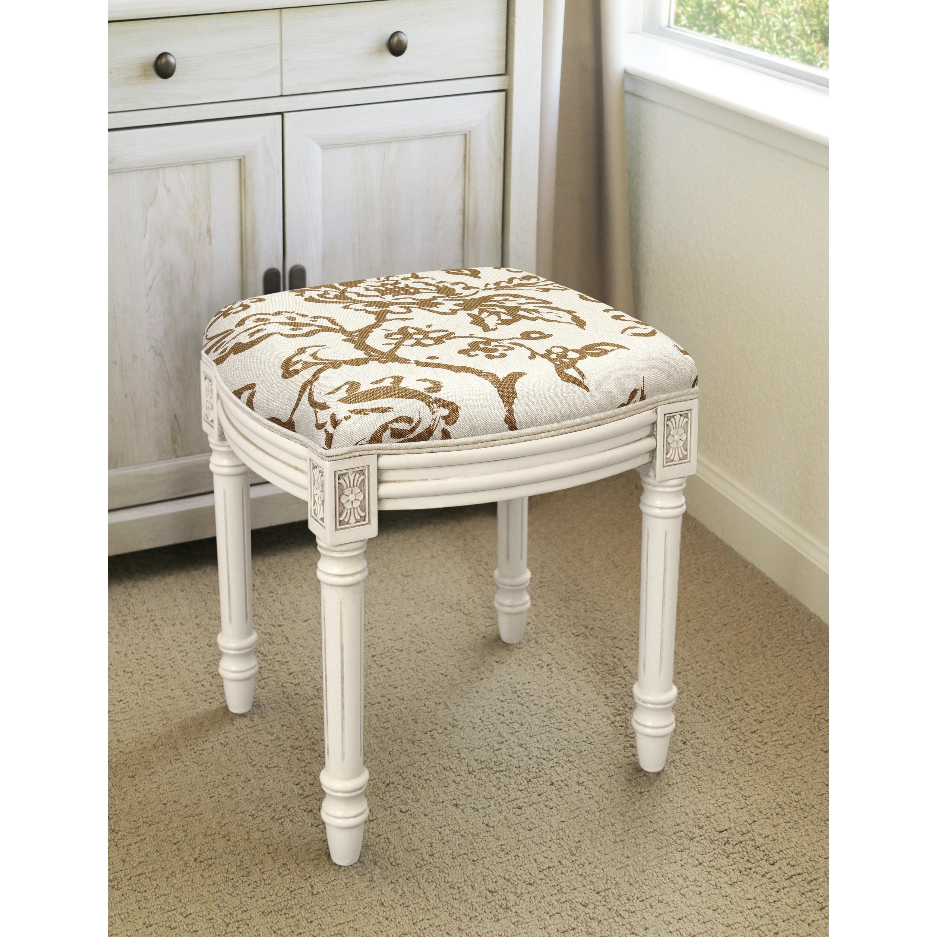 123 Creations Toile White Wood/Linen Vanity Stool