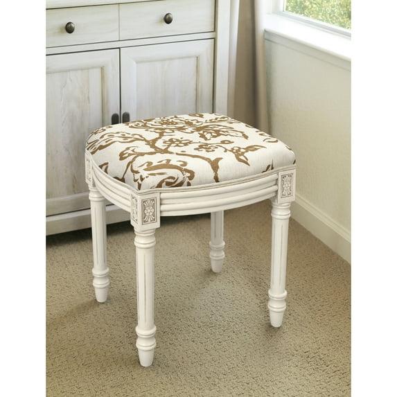 123 Creations Toile White Wood/Linen Vanity Stool
