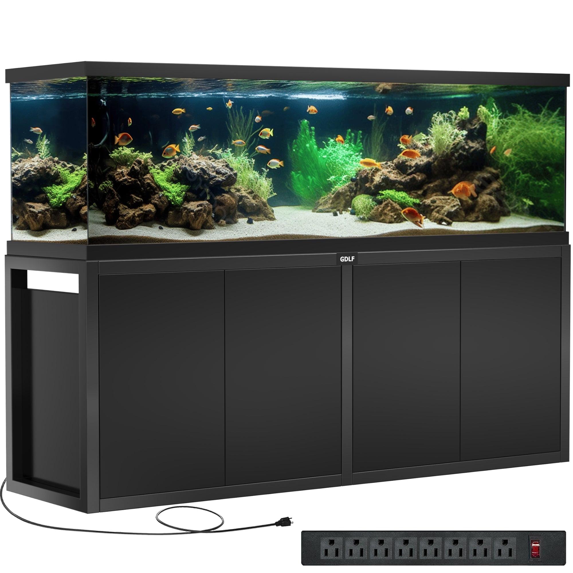 Black Metal Aquarium Stand with Power Strip and Storage Cabinet