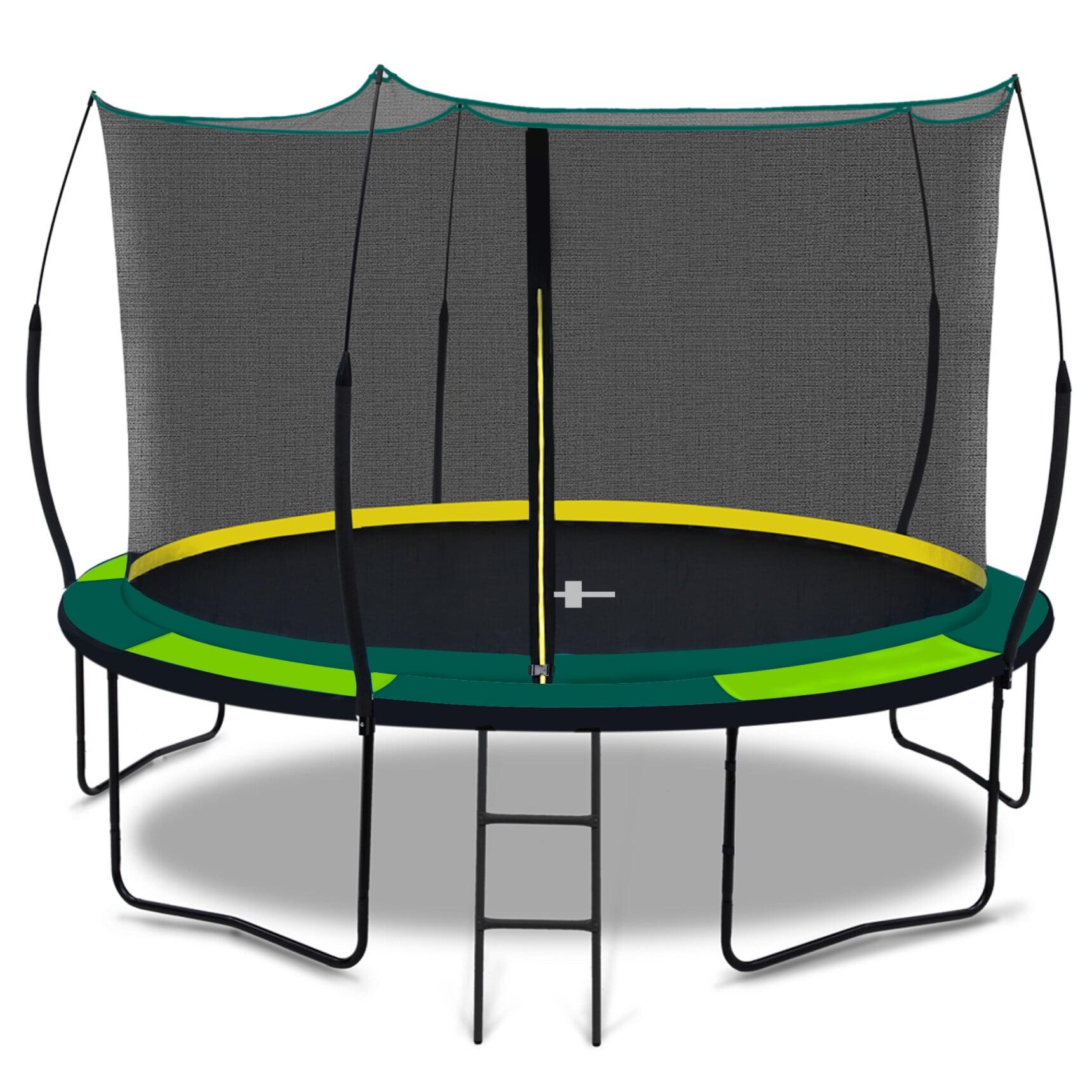 12FT Trampoline with Safety Enclosure for Kids Adults, Outdoor Round Recreational Trampoline with Patented Fiberglass Curved Poles Pumpkin, Green