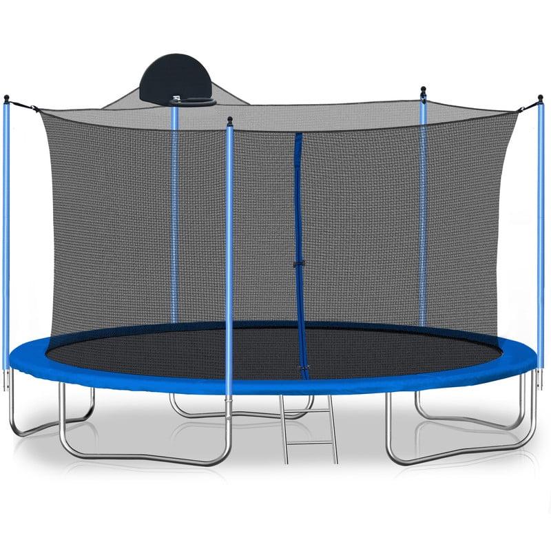 12-Foot Blue Round Trampoline with Safety Enclosure and Basketball Hoop