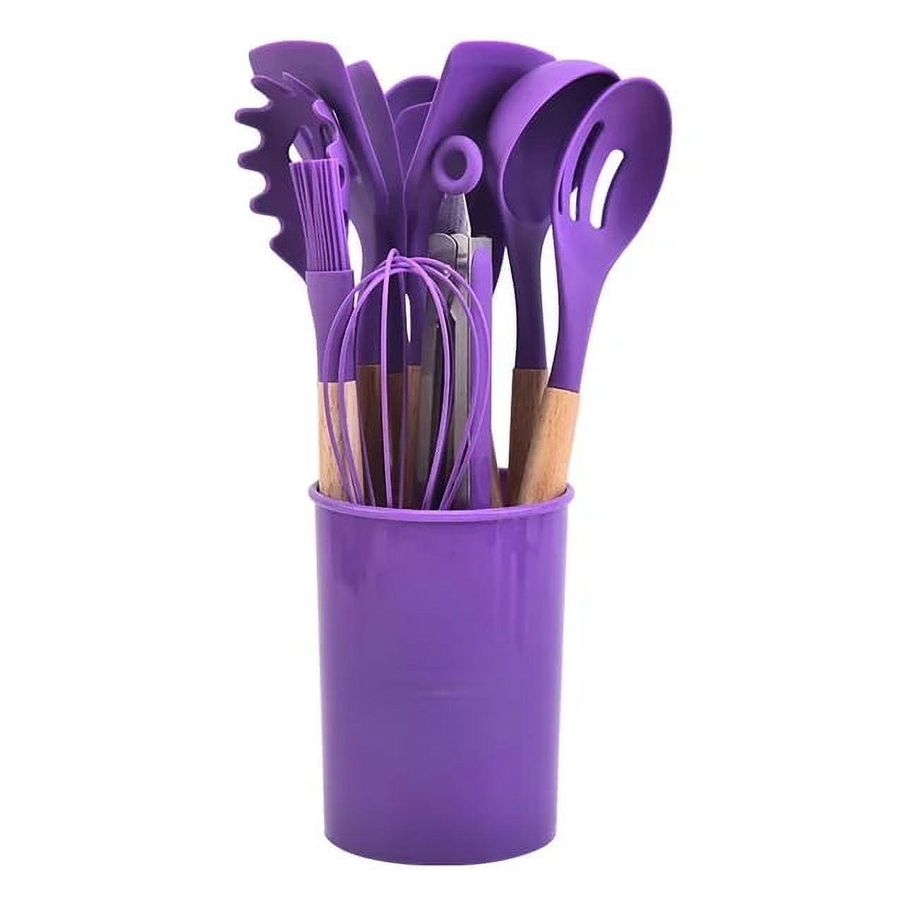 Silicone Cooking Utensils Set, KOSIY 12PCS Kitchen Utensils w/ Holder Wood Handle Non-Stick, Purple