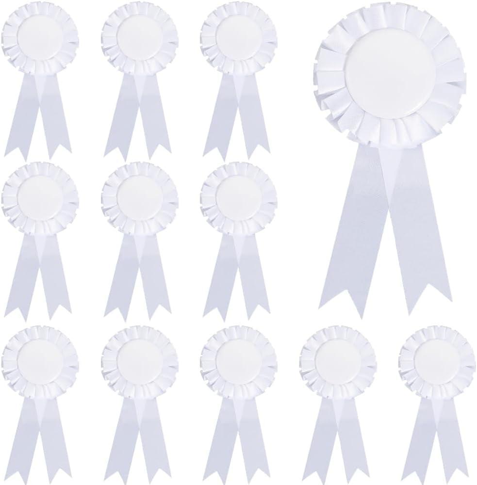 12Pcs White Brooch Winner Blank Award Ribbon Button Pin Victory Ribbons Rosette Ribbon Grand Prize for DIY Classroom Party Accessory Competition Sports Event School Contests Show
