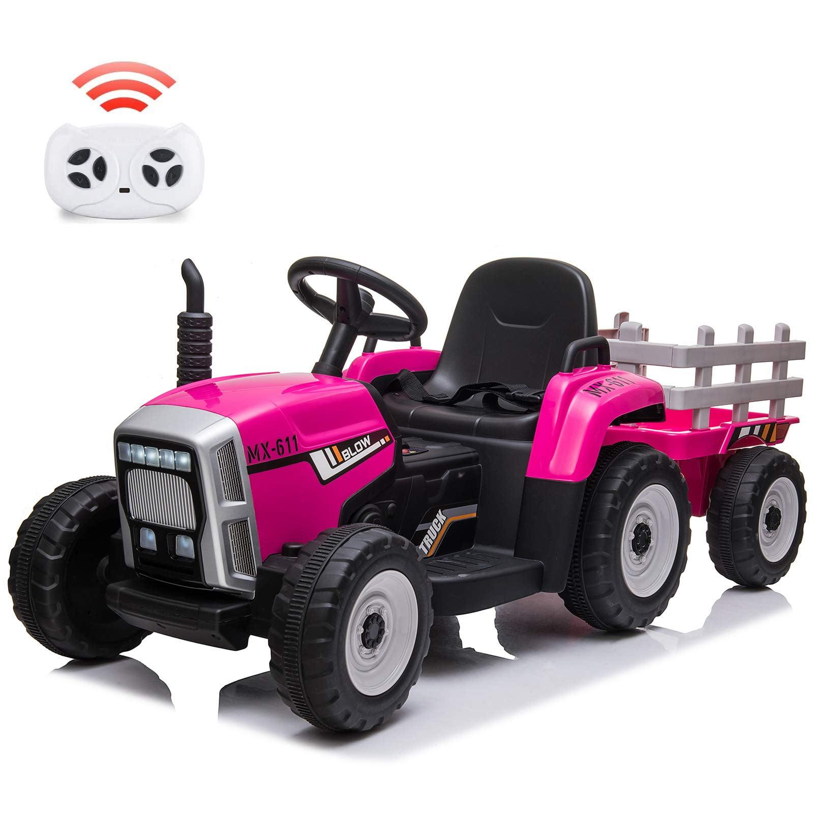 12V Kids Battery Powered Electric Tractor with Remote Control and Trailer Toddler Ride Car With 7LED Headlight and 2+1 Gear Shift Music USB Port Suitable for Children 3+