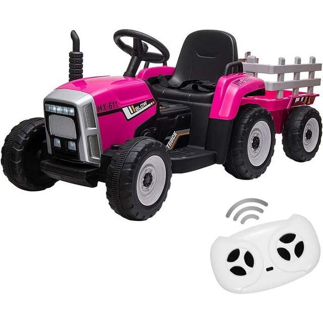 12V Kids Battery Powered Electric Tractor with Remote Control and Trailer Toddler Ride Car With 7LED Headlight and 2+1 Gear Shift Music USB Port Suitable for Children 3+