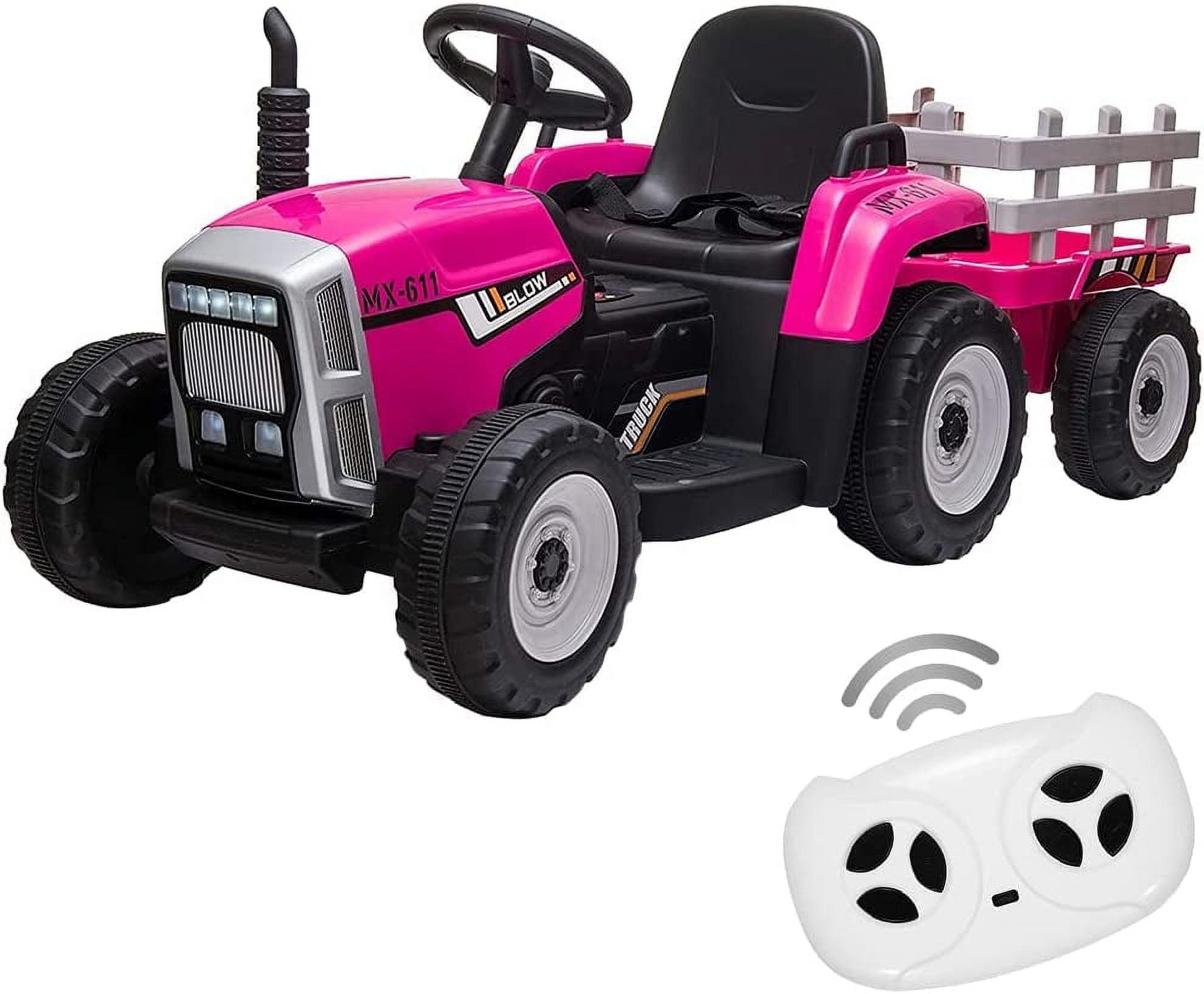 12V Kids Battery Powered Electric Tractor with Remote Control and Trailer Toddler Ride Car With 7LED Headlight and 2+1 Gear Shift Music USB Port Suitable for Children 3+