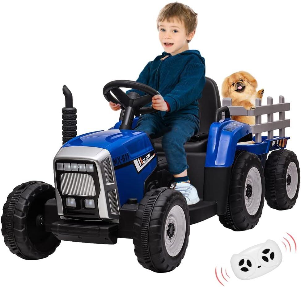 12V Blue Kids Ride-On Tractor with Trailer and Remote Control