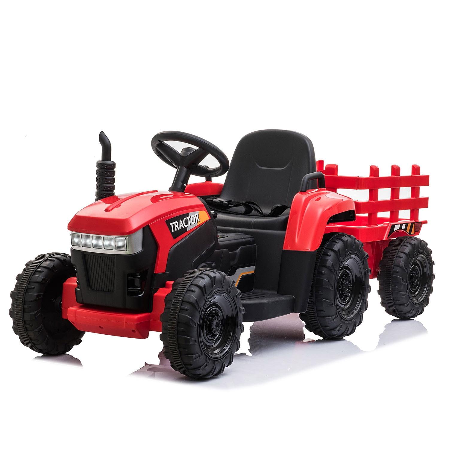 12V Kids Ride On Tractor with Trailer, Battery Powered Electric Car with Music, USB, Music, LED Lights