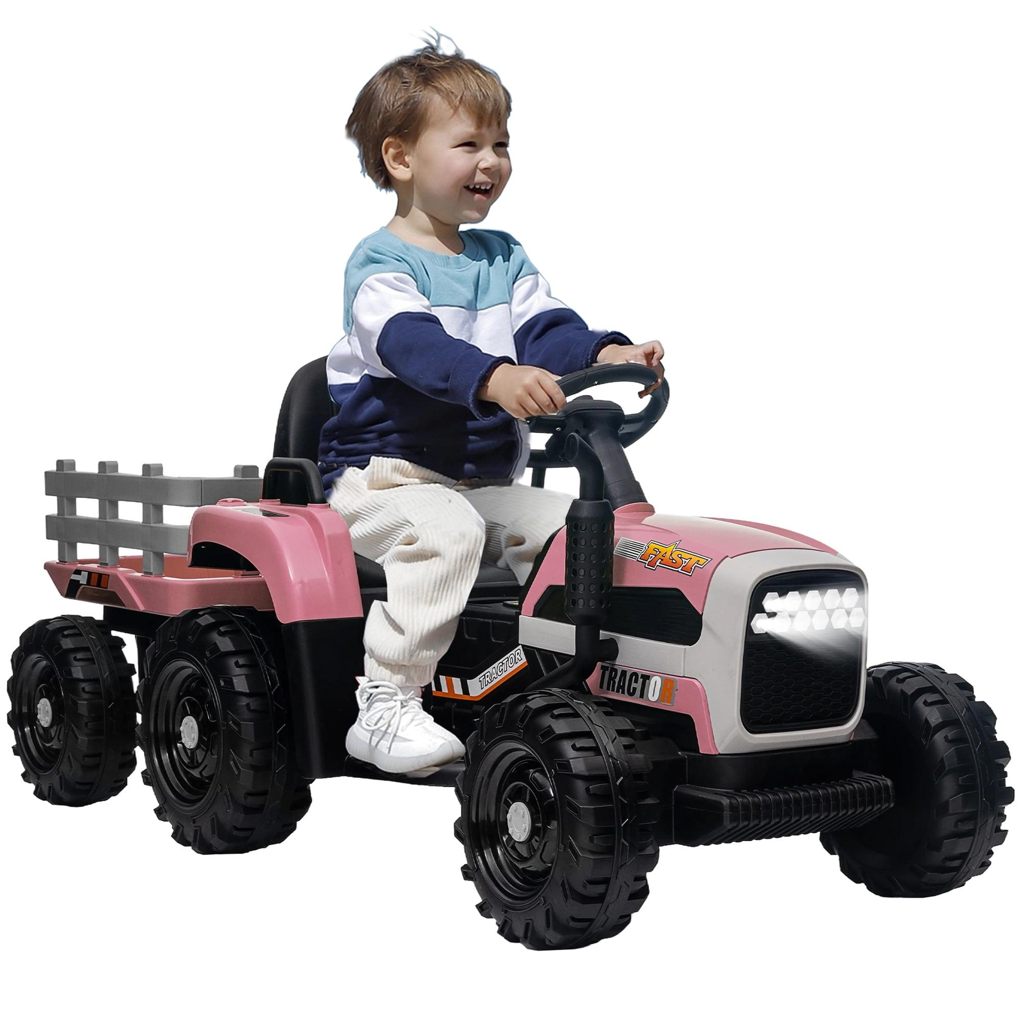 Pink 12V Plastic Ride-On Tractor with Trailer