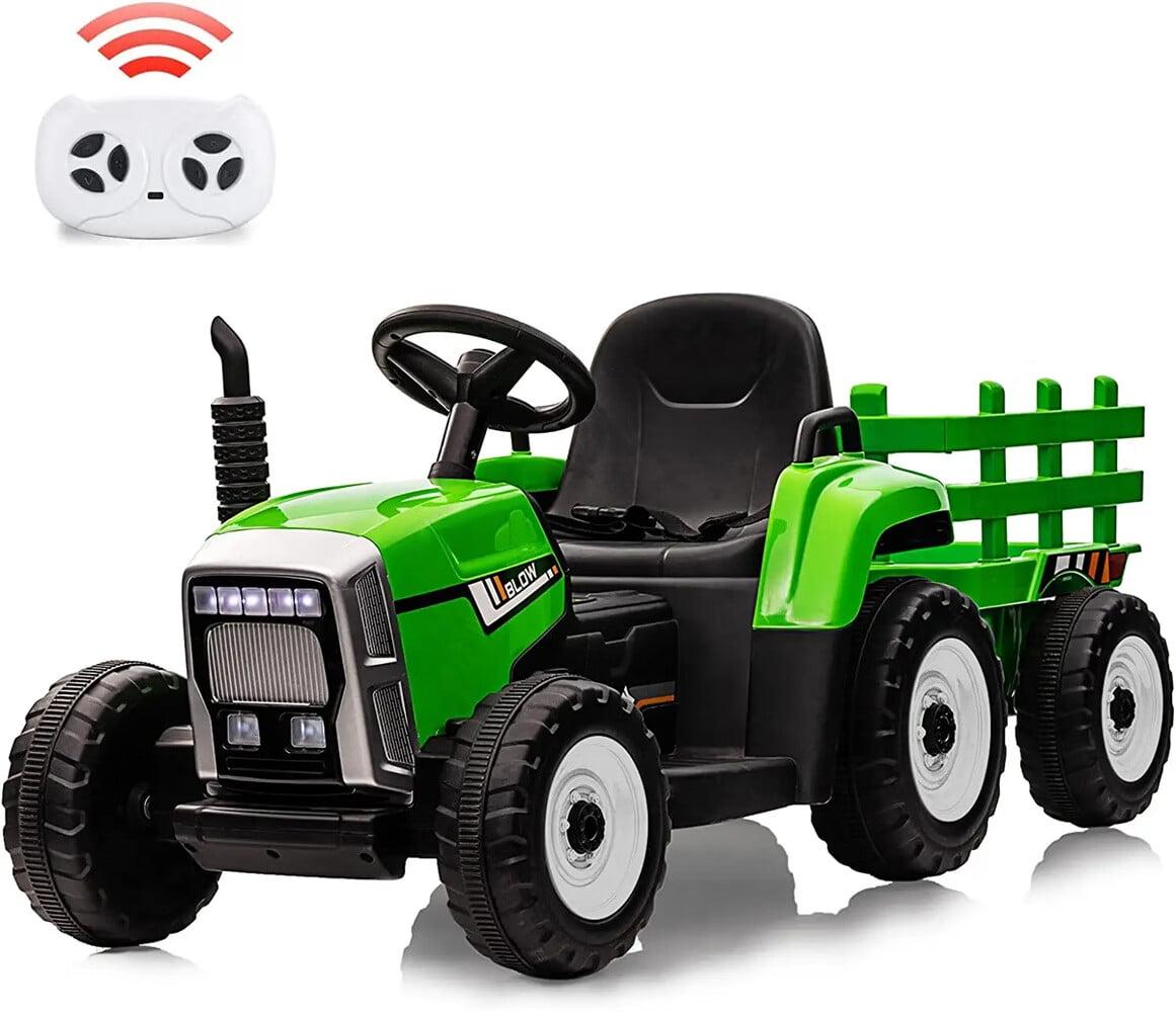 Green 12V Electric Ride-On Tractor with Trailer and Remote Control