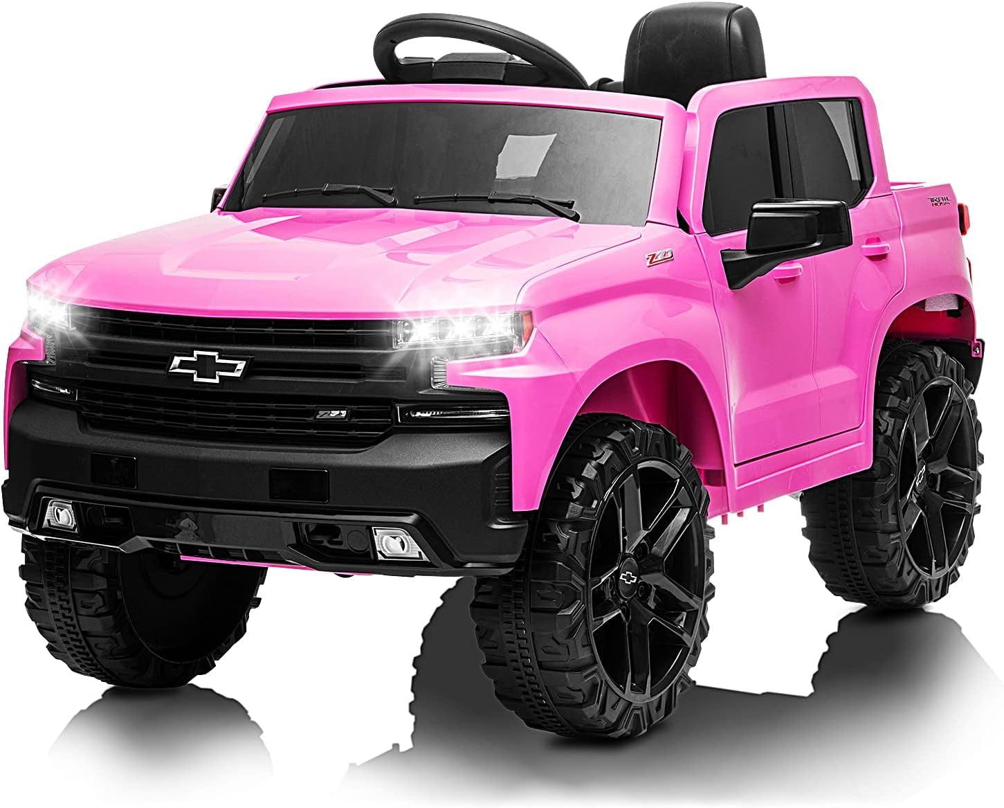 Kids Ride on Vehicle with Remote Control for 3-8 Years Toys,12V Licensed Chevrolet Silverado GMC Powered Wheels Electric Car, MP3 Music,FM Radio, Spring Suspension, LED Light,Pink