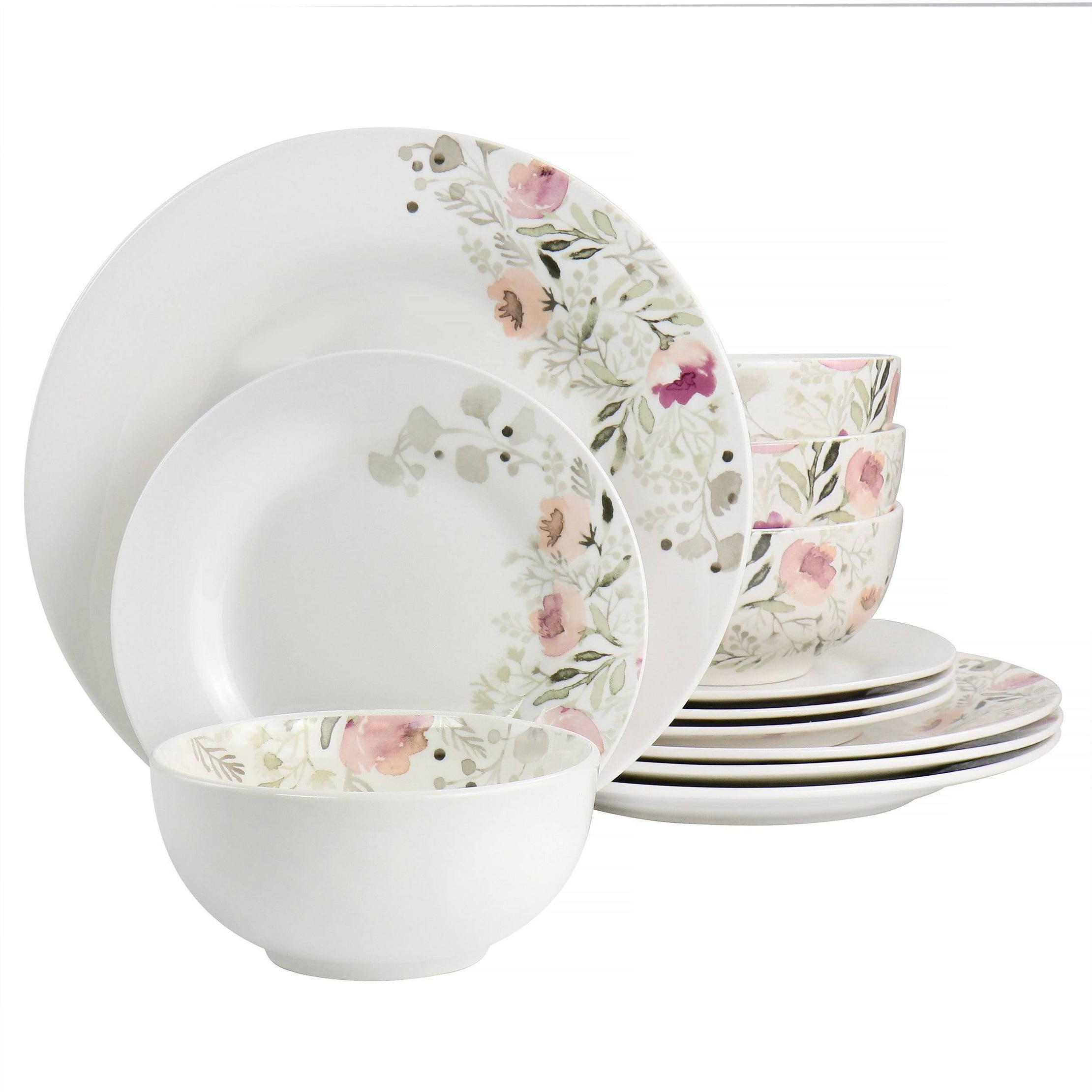 12pc Home Lily Garden Ceramic Dinnerware Set White/Pink