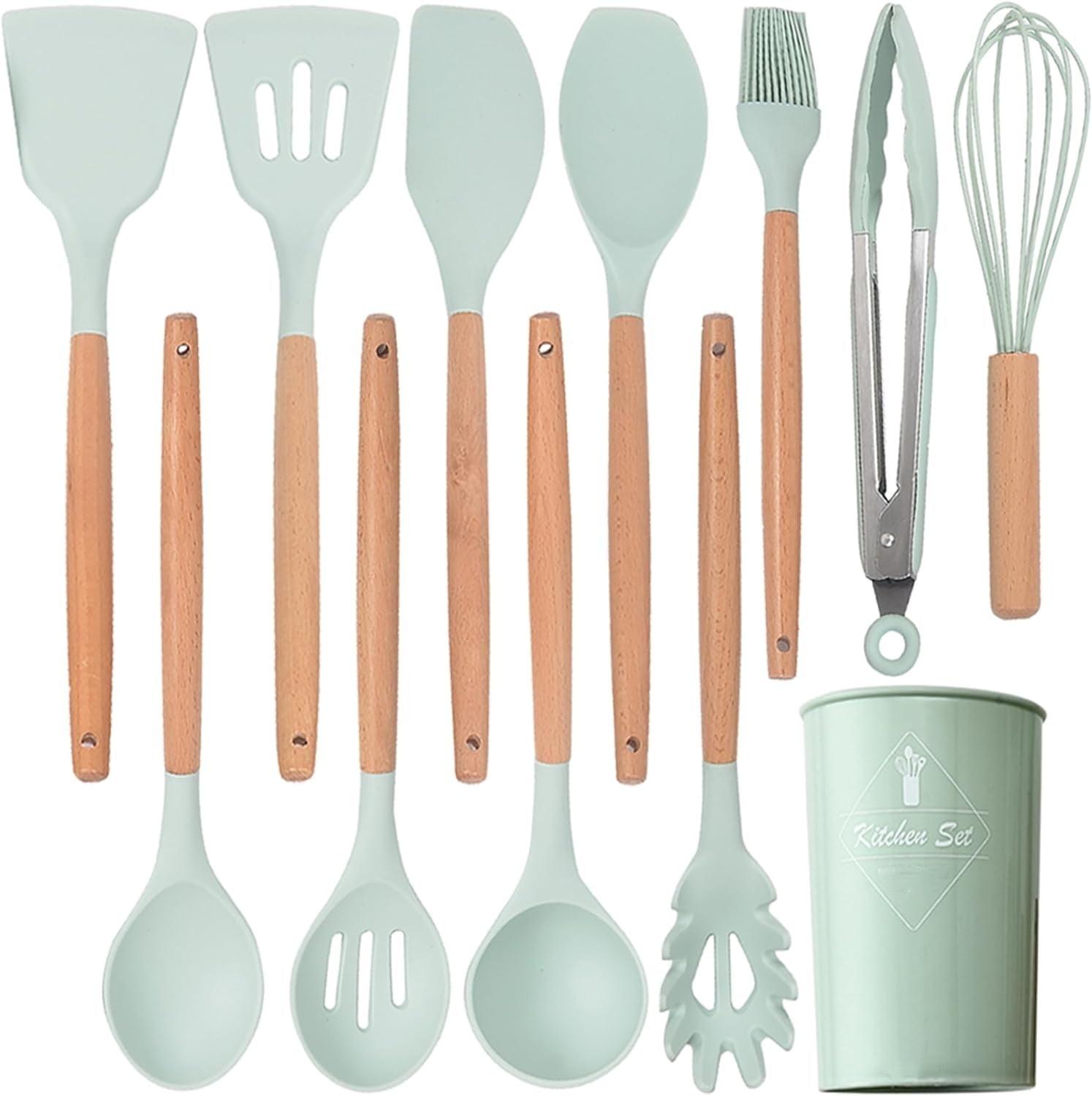 12 Pcs Silicone Cooking Utensils Kitchen Utensil Set - 446°F Heat Resistant,Turner Tongs, Spatula, Spoon, Brush, Whisk, Wooden Handle Green Kitchen Gadgets with Holder for Nonstick Cookware