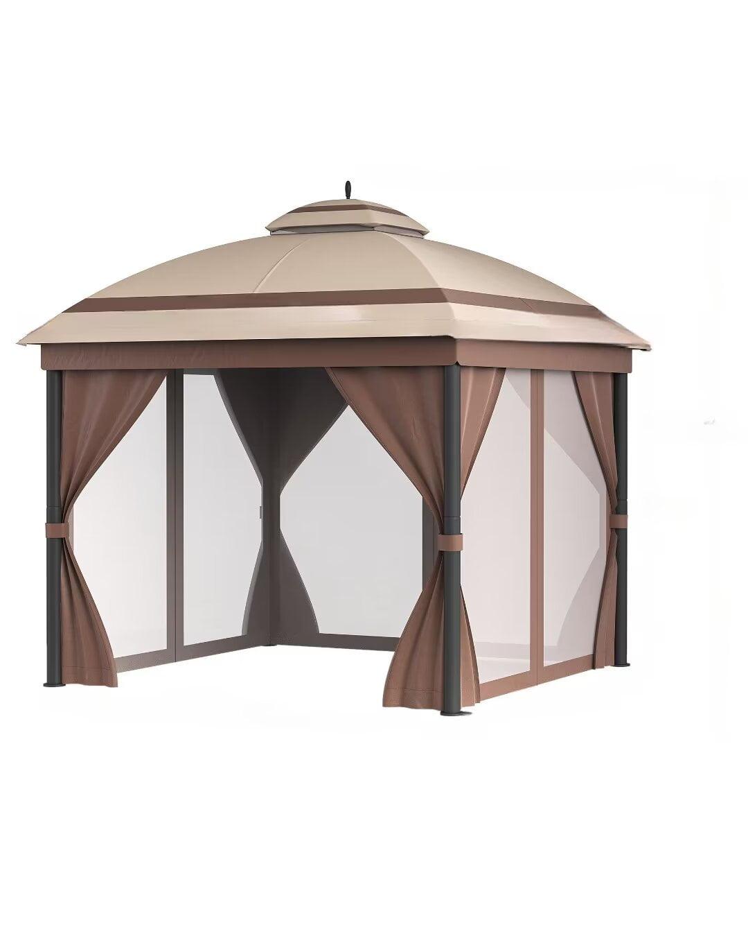 12x10 Brown Aluminum Double Roof Gazebo with Curtains