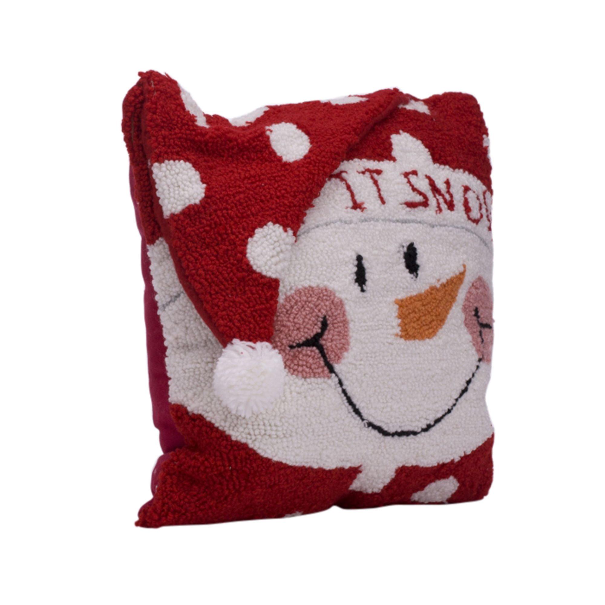 14" Red and White Hooked 3D Snowman Christmas Pillow