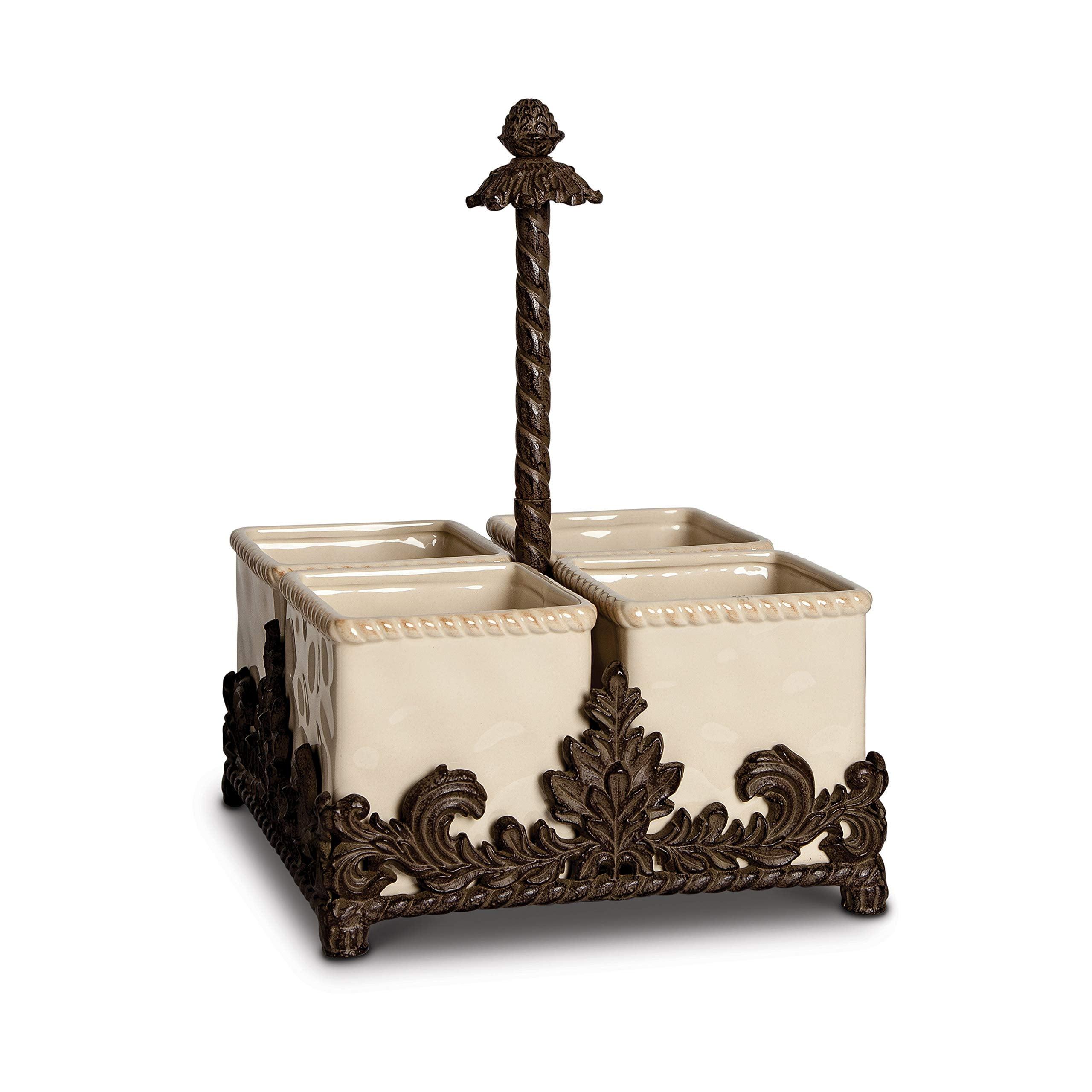 Cream Ceramic Flatware Caddy with Acanthus Leaf Metal Holder