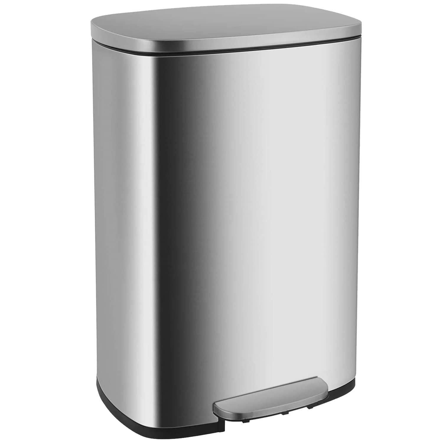 Rongfun 13 Gallon/50 L Garbage Can Kitchen Trash Can with Lid for Office Bedroom Bathroom Step Trash Bin Fingerprint-Proof Brushed Stainless Steel 13 Gallon / 50 Liter