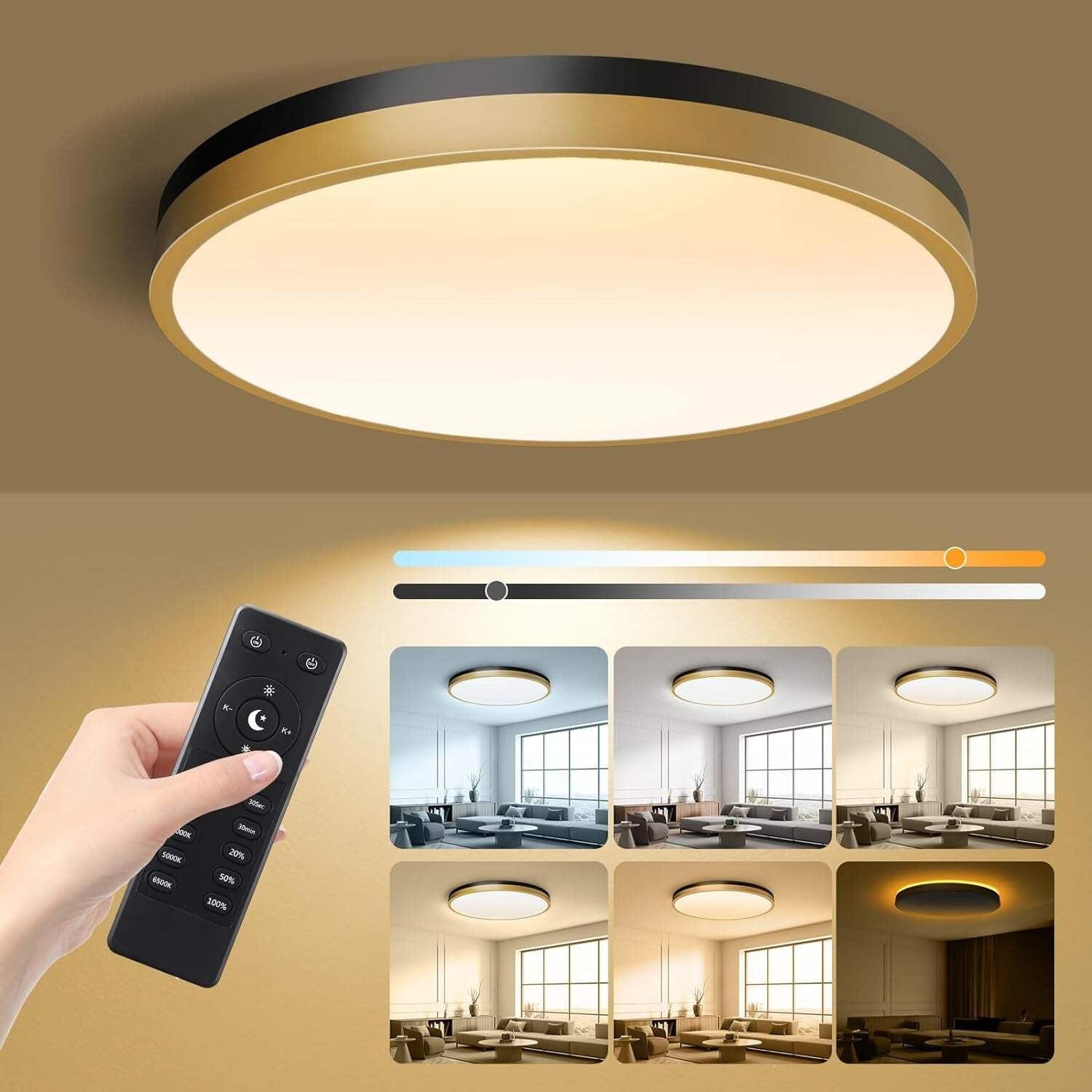 13 Inch Flush Mount Ceiling Light with Remote Control  Night Light, 5CCT Dimmable Ceiling Light Fixture, 25W 2500LM 2700K-6500K Adjustable LED Ceiling Lights for Bedroom Kitchen, White Gold