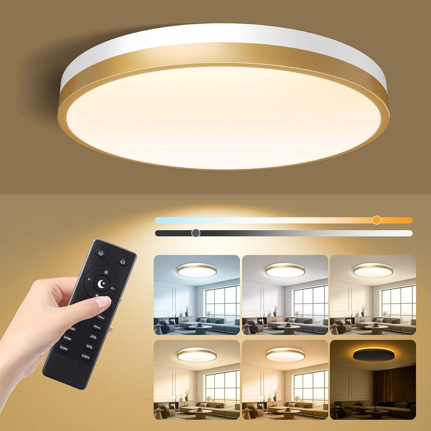 13 Inch Flush Mount Ceiling Light with Remote Control  Night Light, 5CCT Dimmable Ceiling Light Fixture, 25W 2500LM 2700K-6500K Adjustable LED Ceiling Lights for Bedroom Kitchen, White Gold