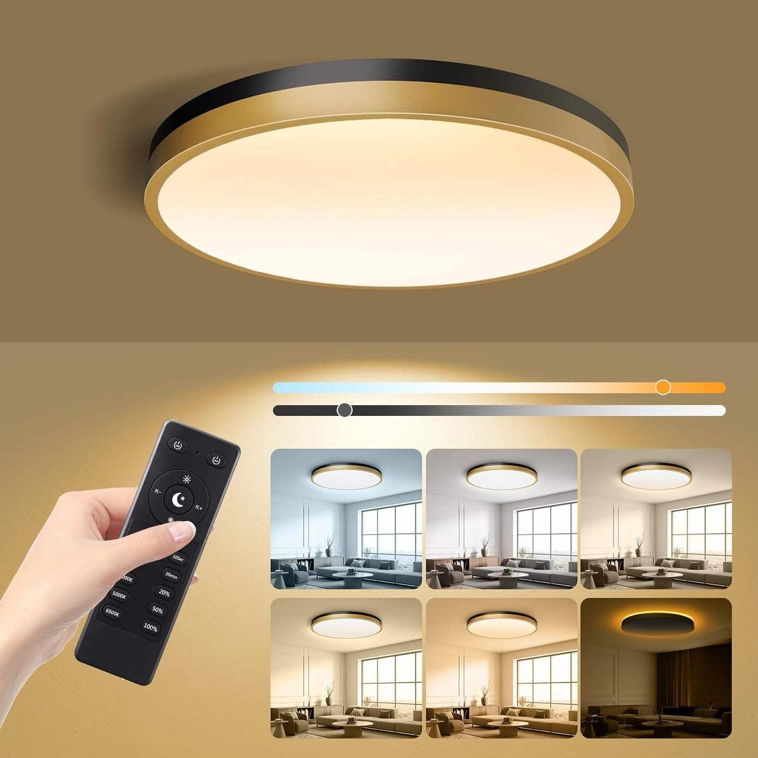 13 Inch Flush Mount Ceiling Light with Remote Control  Night Light, 5CCT Dimmable Ceiling Light Fixture, 25W 2500LM 2700K-6500K Adjustable LED Ceiling Lights for Bedroom Kitchen, White Gold