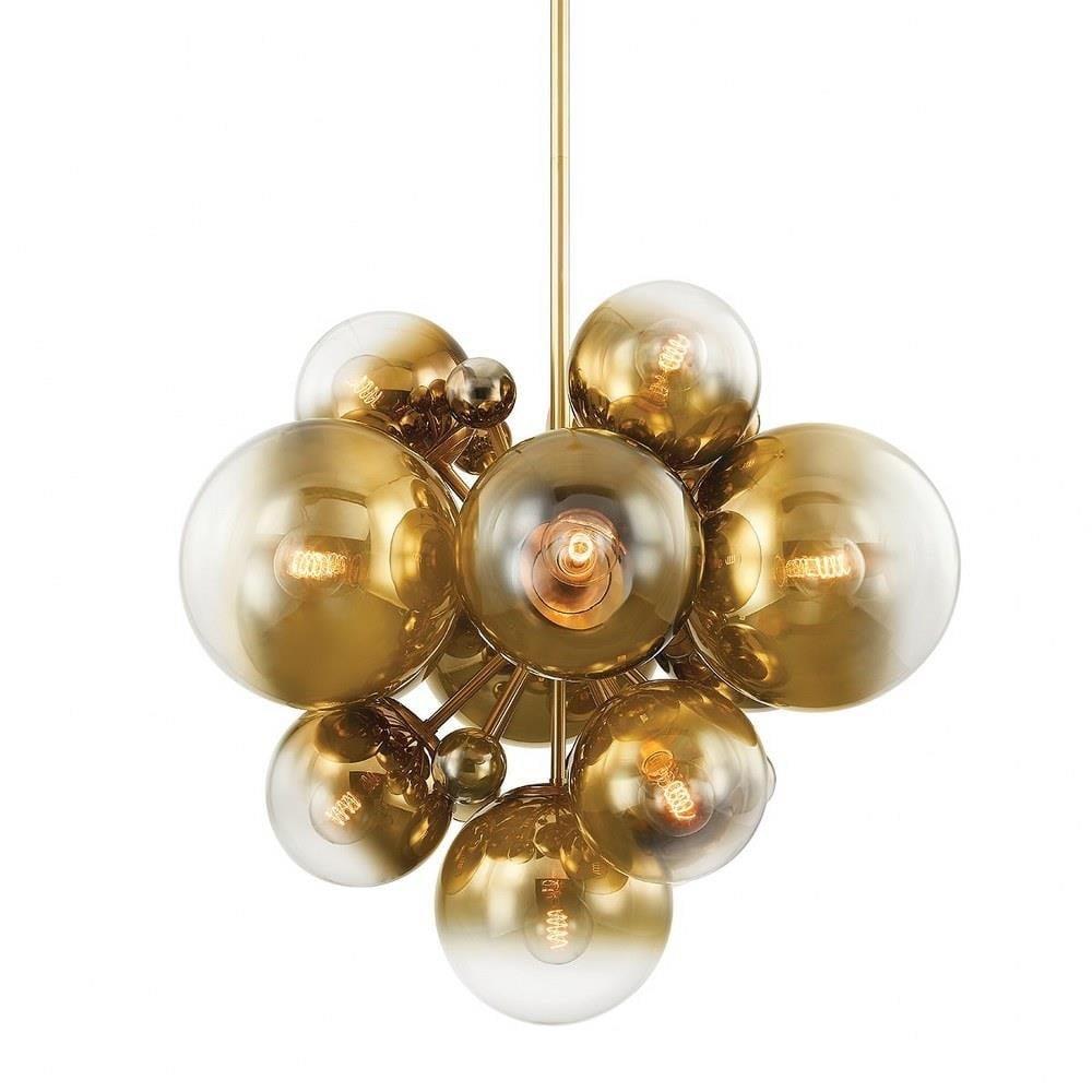 Vintage Polished Brass 13-Light Chandelier with Ombre Glass Shades